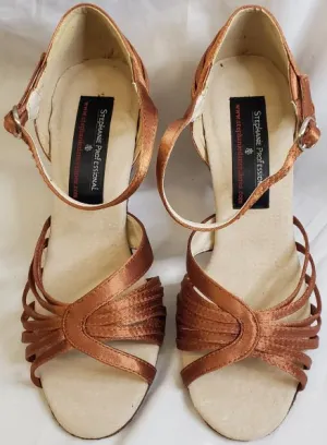 2.5" Wylla -- Women's Flare Heel Latin Sandal -- Dark Tan Satin