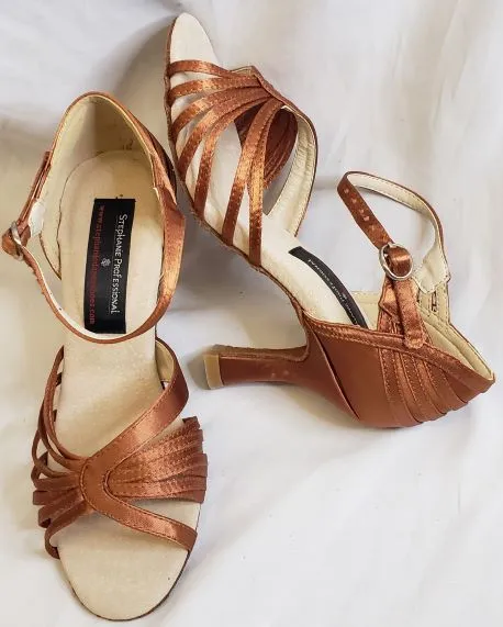2.5" Wylla -- Women's Flare Heel Latin Sandal -- Dark Tan Satin