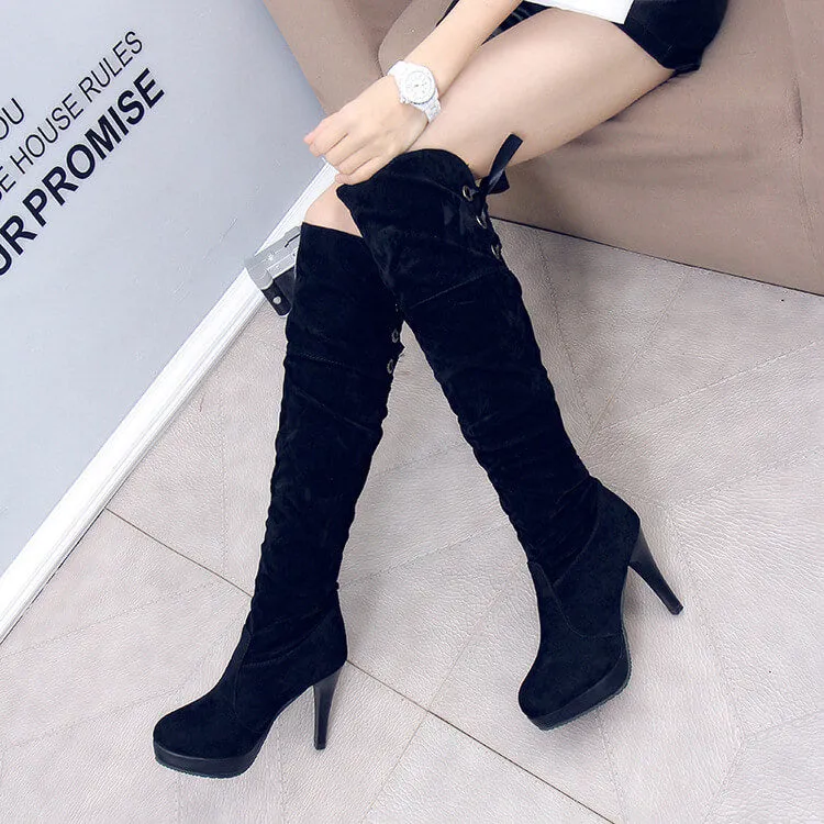 Back Lace Up Hollow Out Stiletto Heel Pointed Toe Over Knee Boots