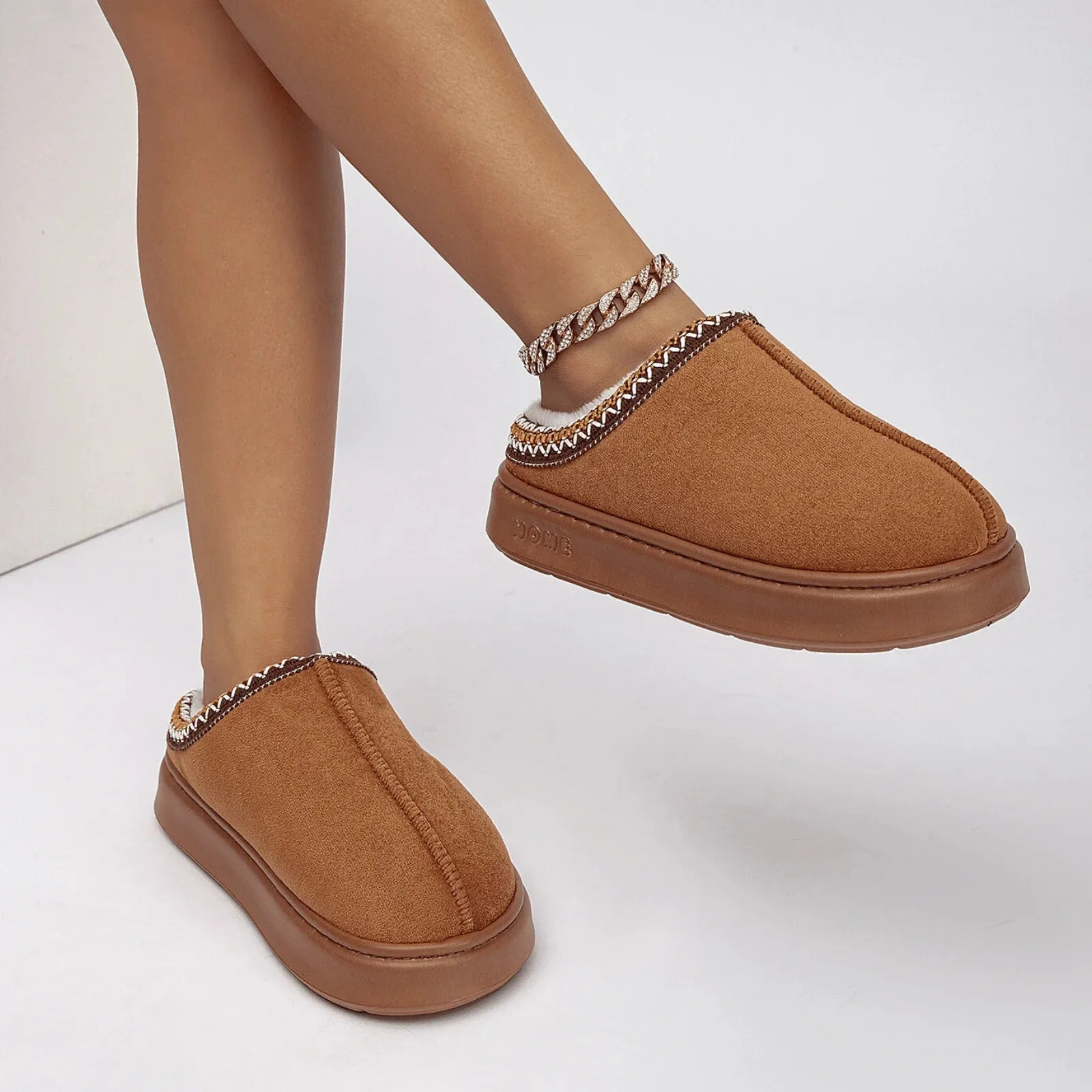 BERANMEY Cozy Platform Fuzzy Slippers for Women and Men Short Ankle Slippers with Anti-Slip Sole Lined with Warm Furry Genuine Suede Perfect for Indoor & Outdoor Use