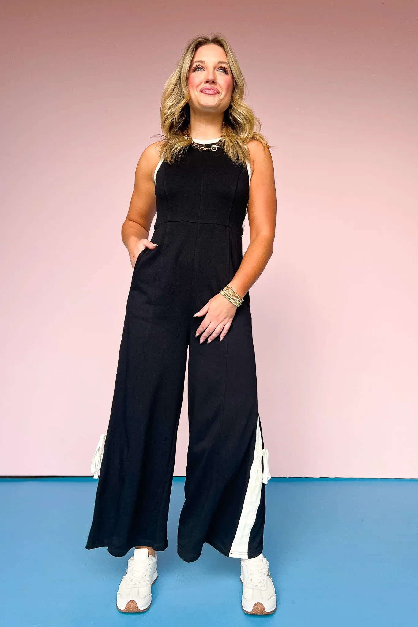 Black Contrast Side Stripe Zipper Back Leg Tie Jumpsuit