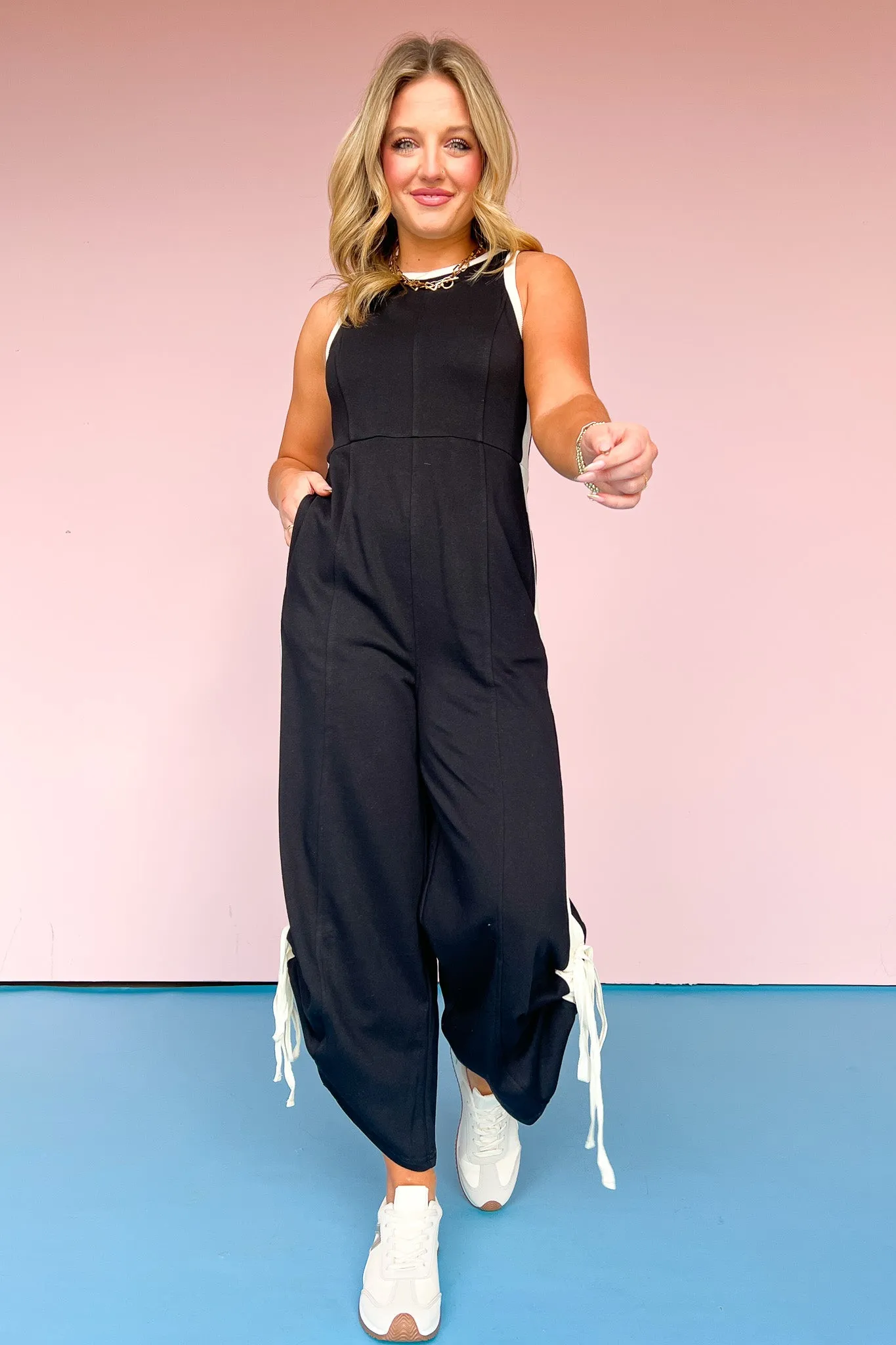 Black Contrast Side Stripe Zipper Back Leg Tie Jumpsuit