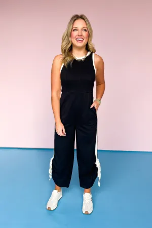 Black Contrast Side Stripe Zipper Back Leg Tie Jumpsuit