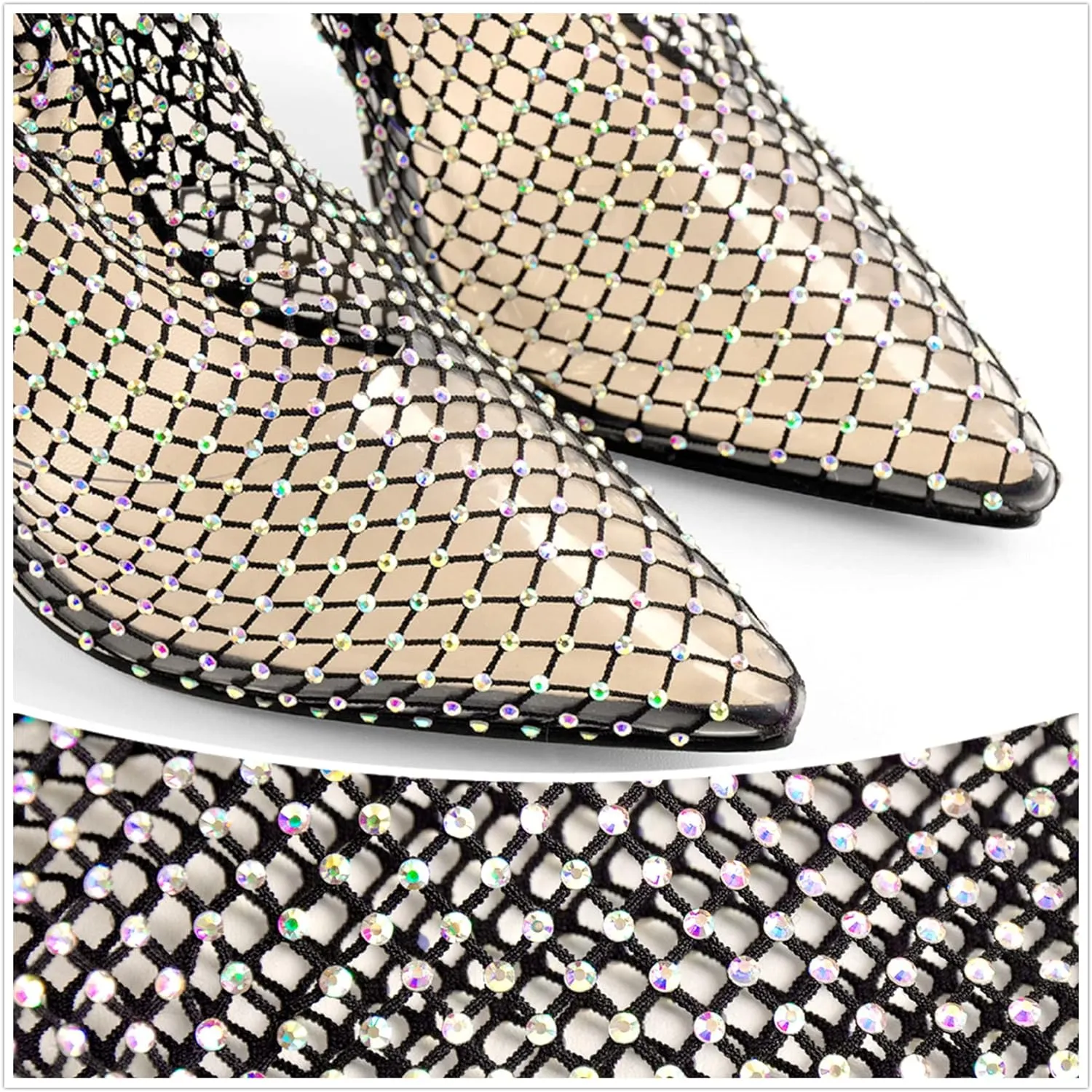 Black Mesh Over The Knee Rhinestone Sparkly Sequin Stiletto Boots
