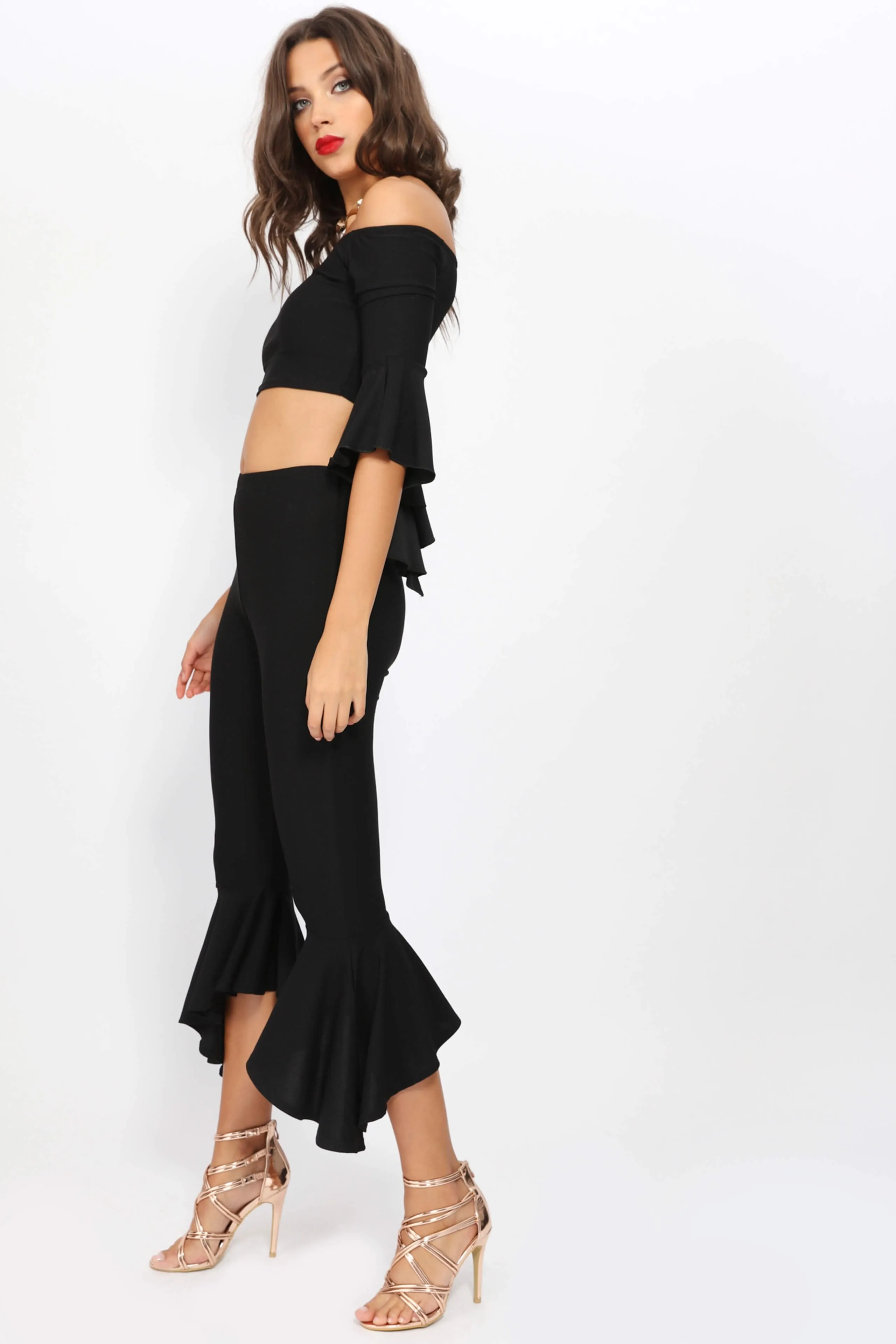 Black Skinny Trousers With Large Frill Cuff
