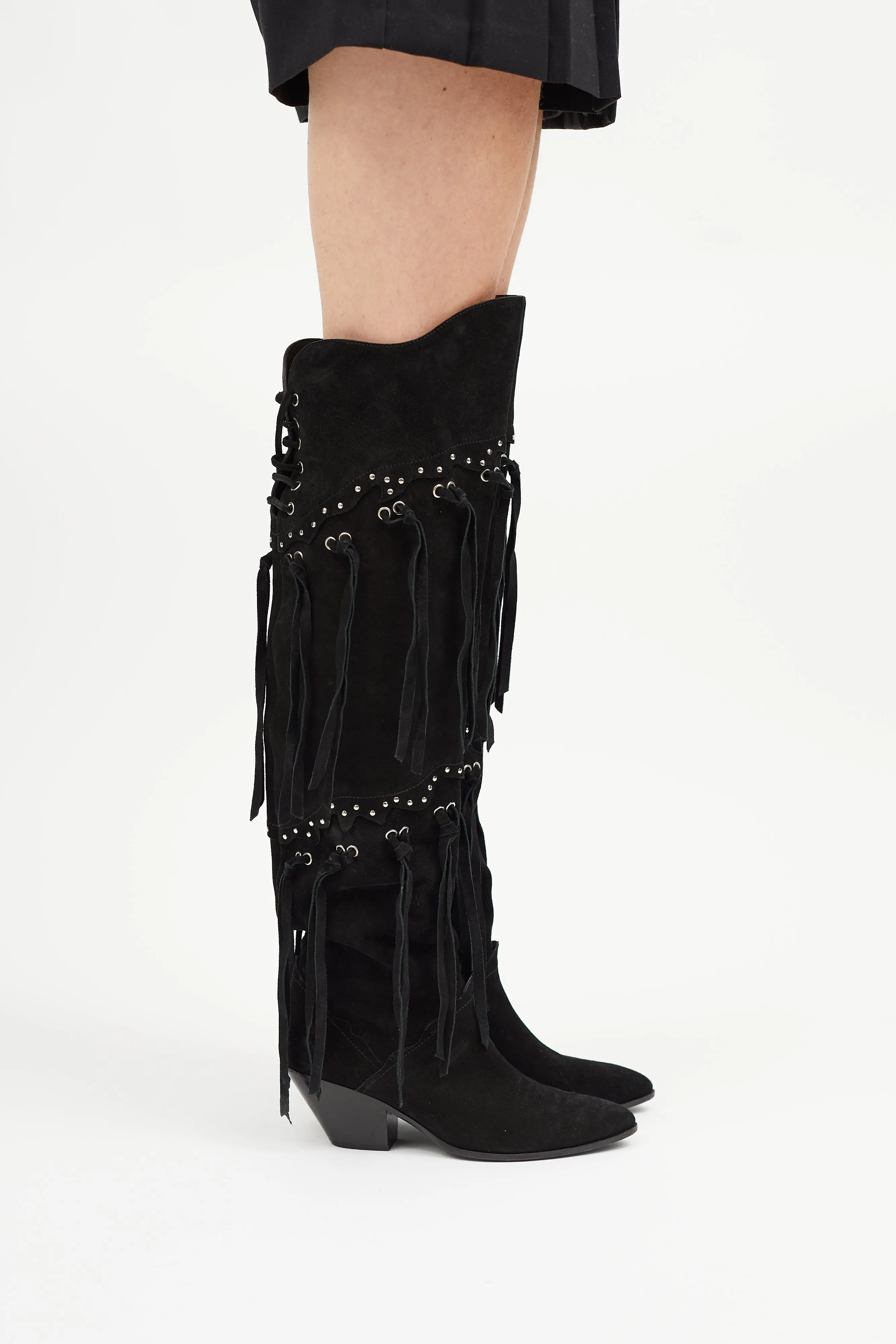 Black Suede Thigh High Fringe Boot