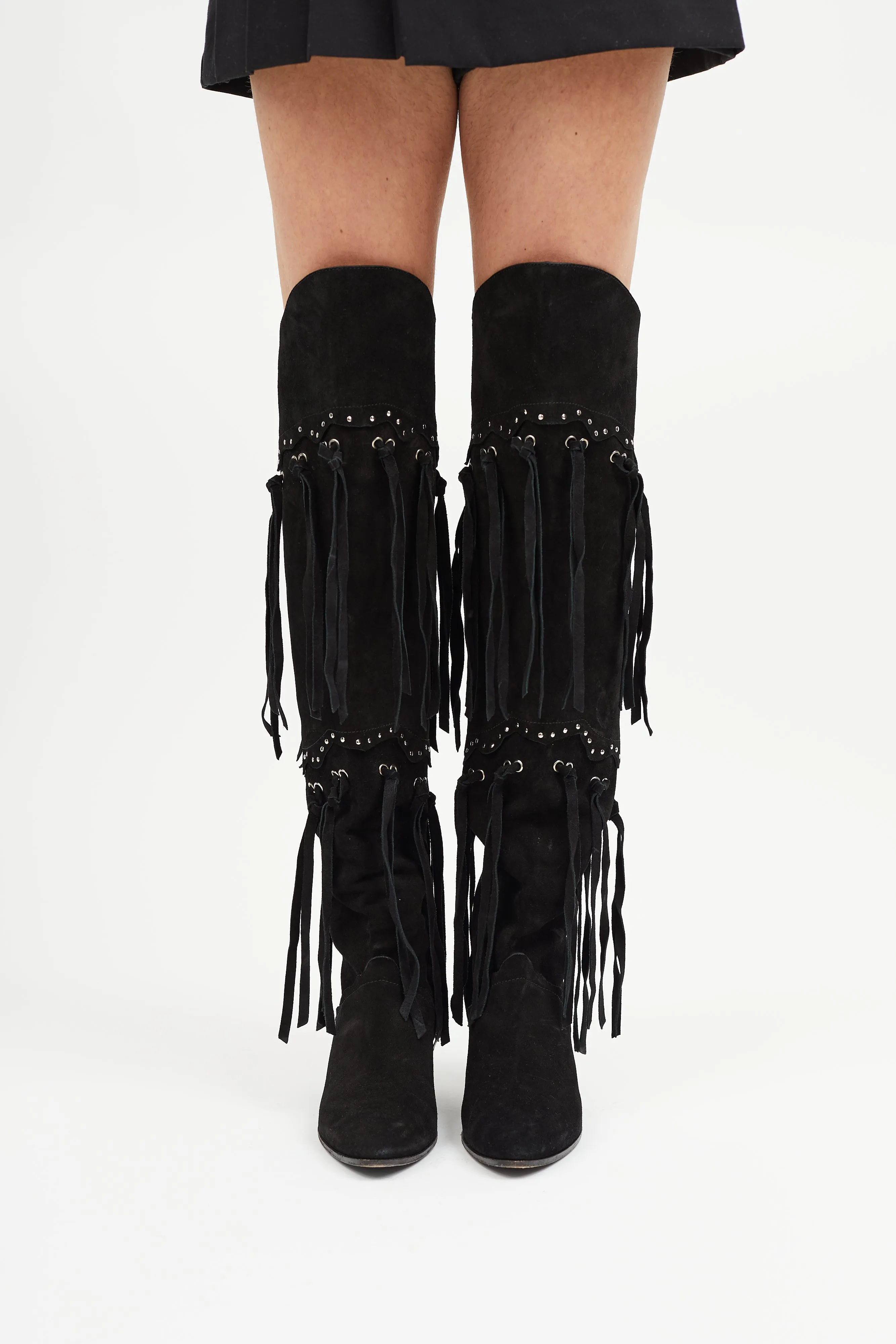 Black Suede Thigh High Fringe Boot