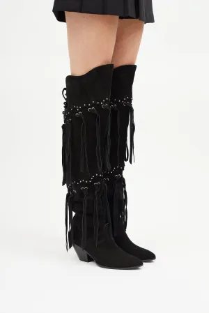 Black Suede Thigh High Fringe Boot