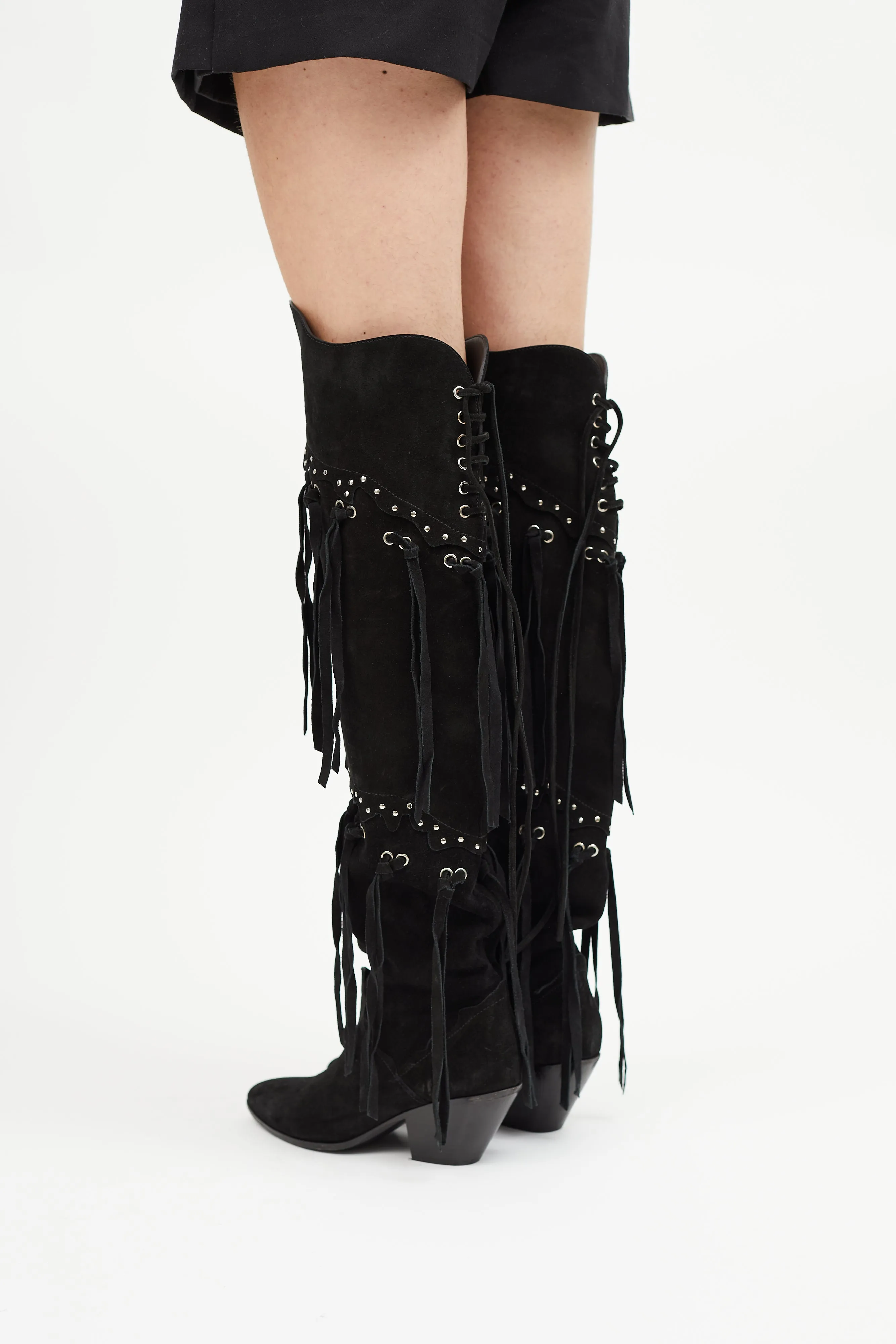 Black Suede Thigh High Fringe Boot