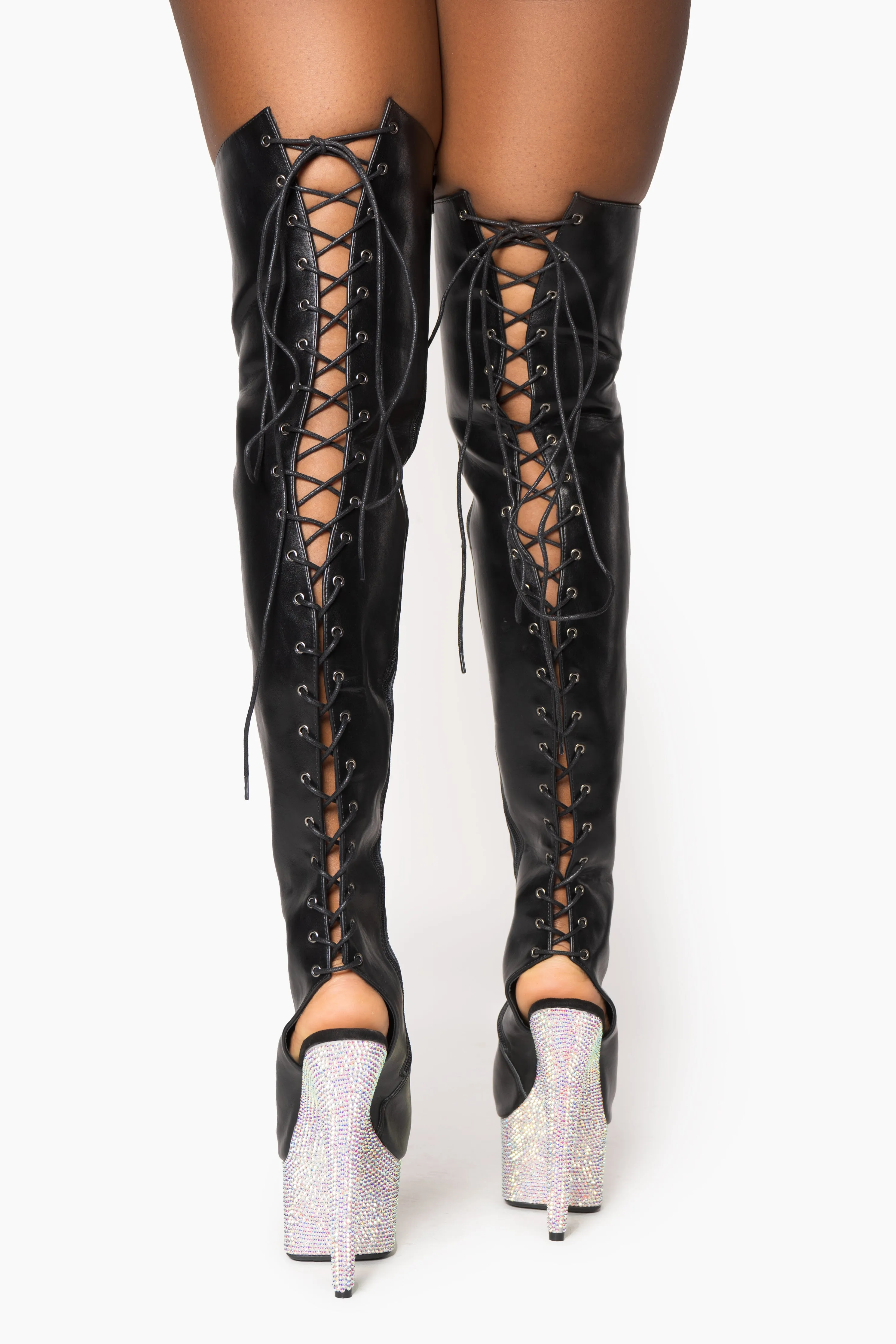 Black Thigh High Diamond Platform Shoes