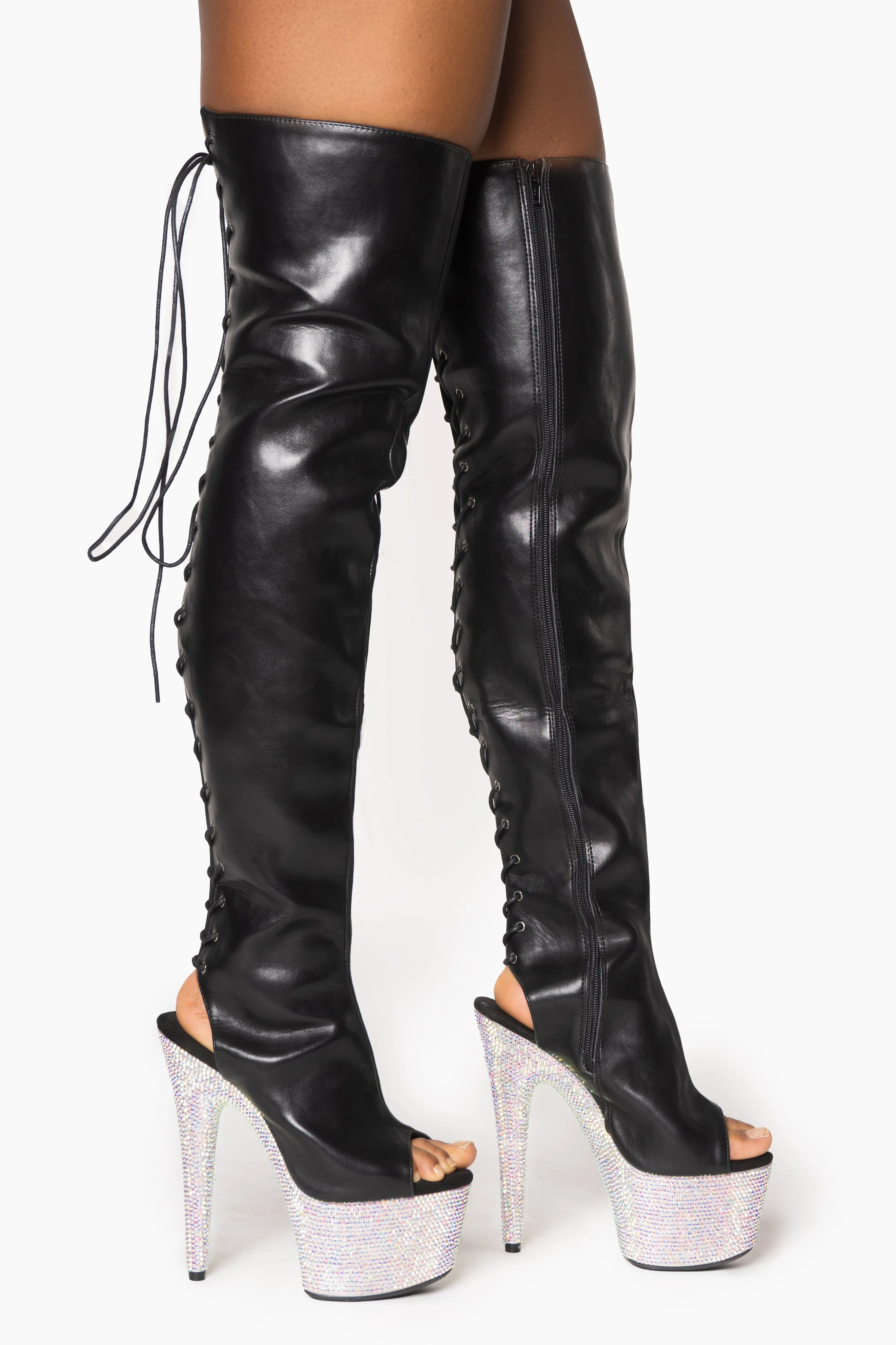 Black Thigh High Diamond Platform Shoes