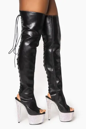 Black Thigh High Diamond Platform Shoes