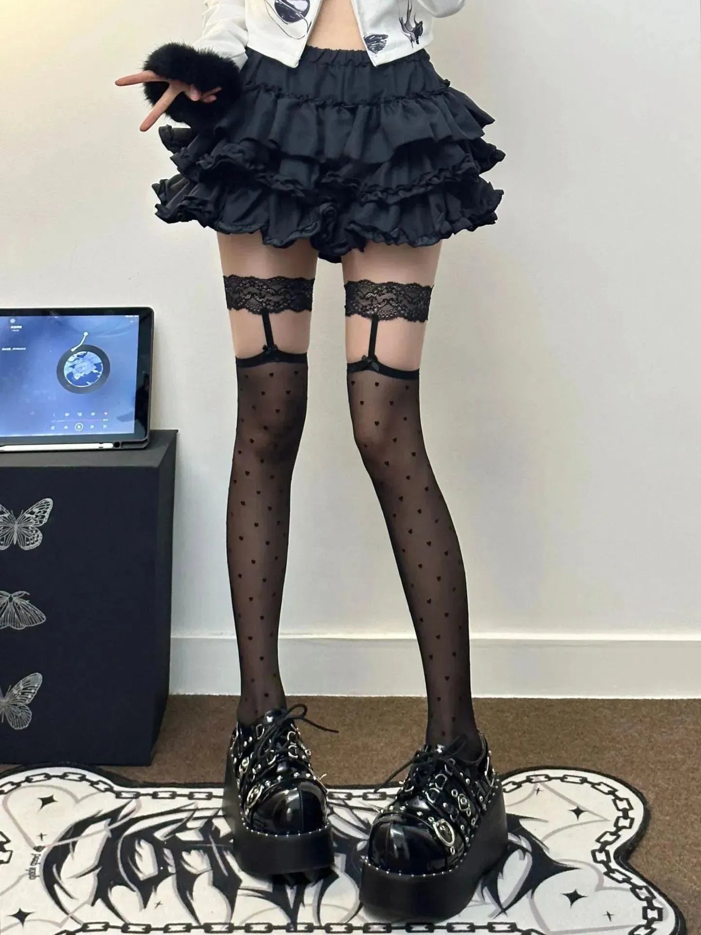 Black Thigh High Socks with Garter - Polka Dot & Diamond Pattern