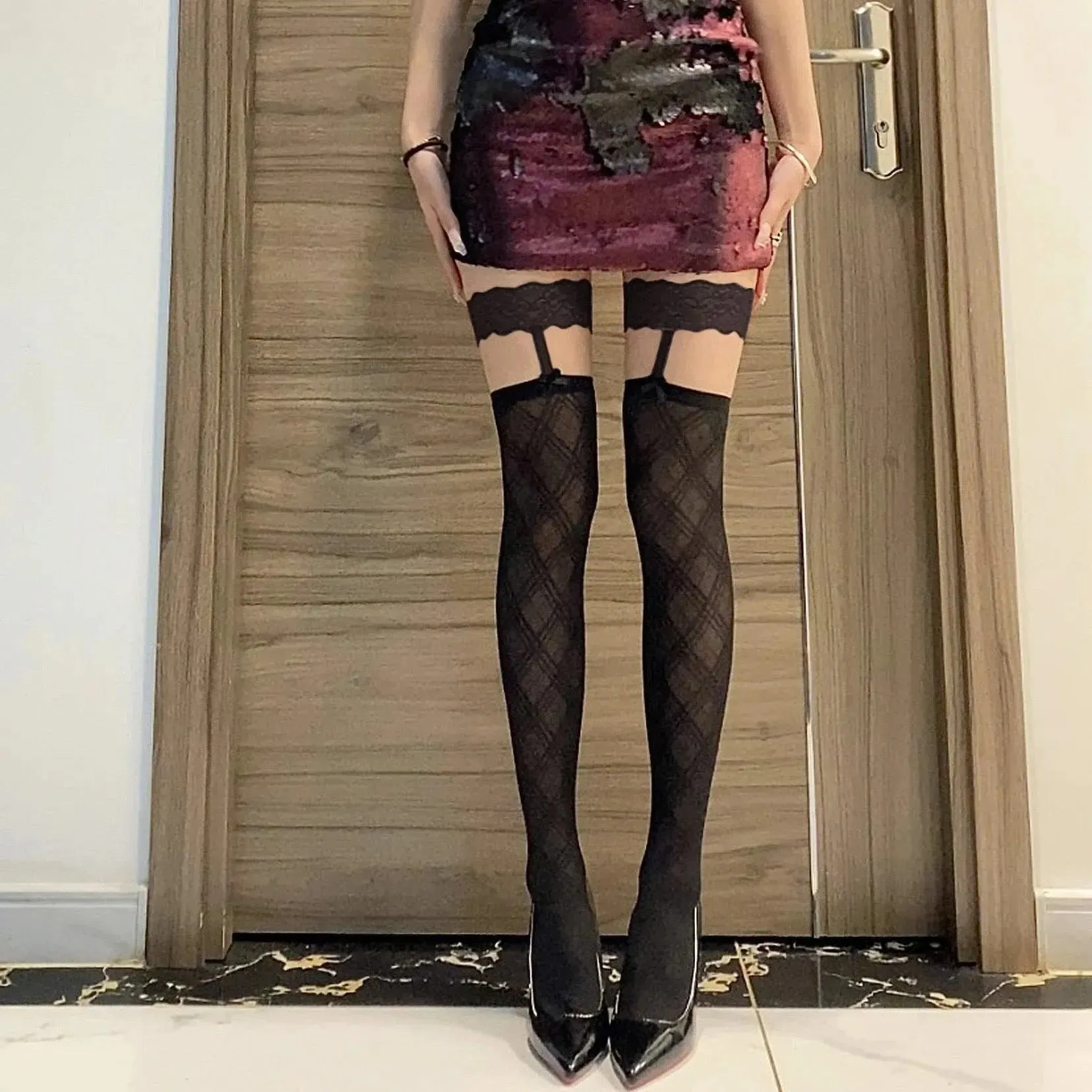 Black Thigh High Socks with Garter - Polka Dot & Diamond Pattern