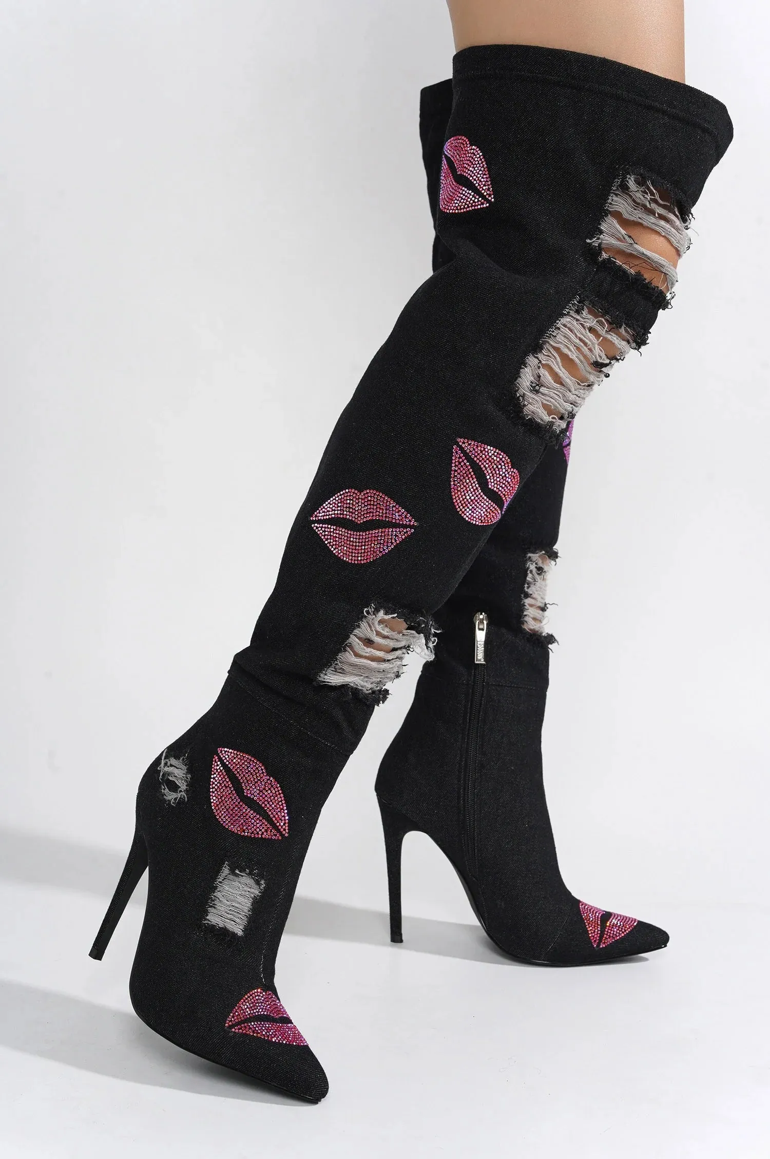 Black Womens Hole Denim Stiletto Thigh High Boots