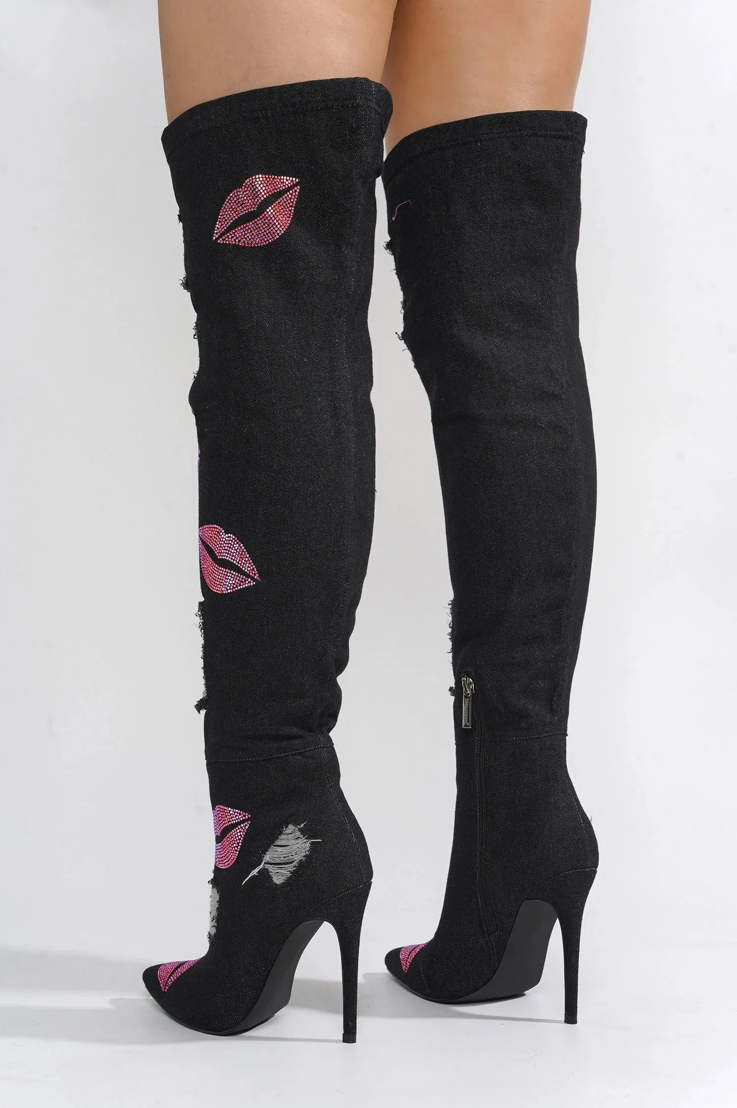 Black Womens Hole Denim Stiletto Thigh High Boots