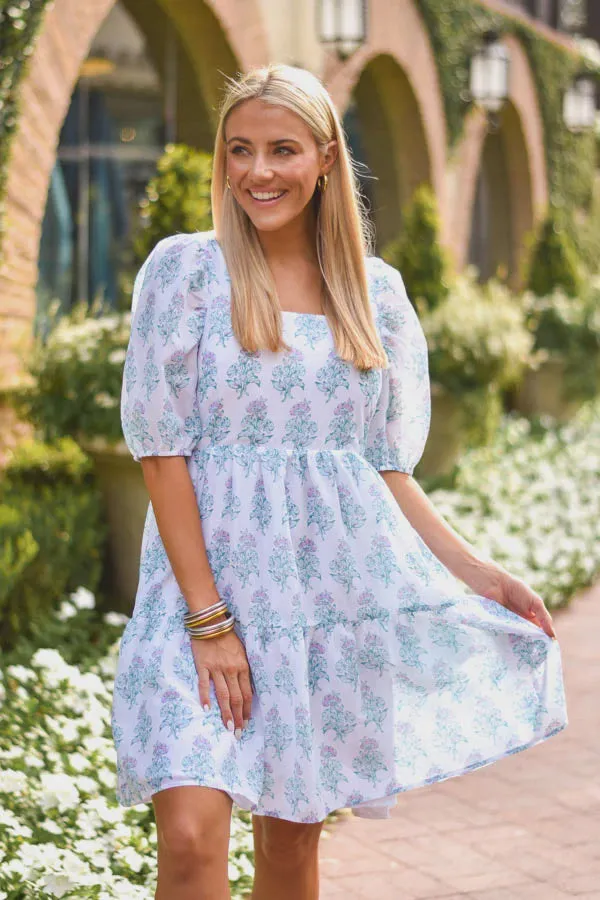 Blue/White Pastel Floral Square Neck Tiered Babydoll Dress