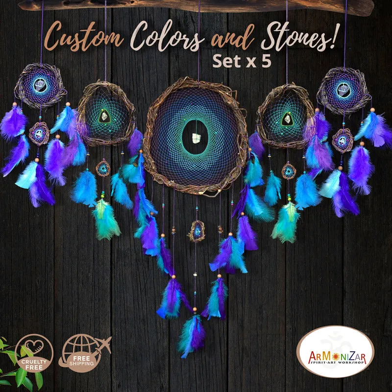 Boho wall decor Crystal Dreamcatcher wall hanging, Large woven wall art dream catcher set boho decor, Large wall art high vibration crystals