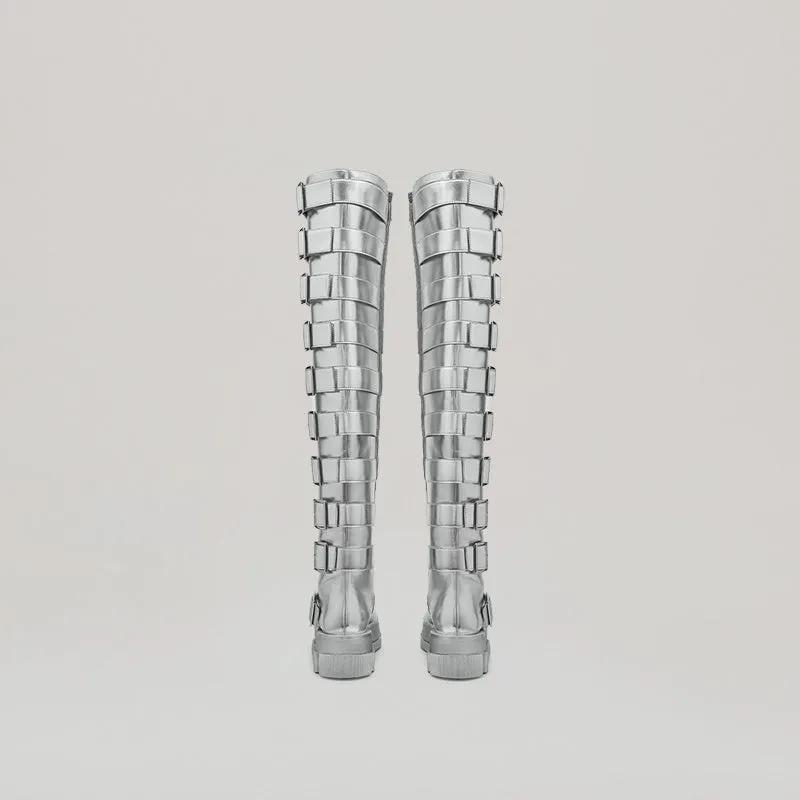 both X Jeanne Friot GAO PLATFORM THIGH HIGH BOOTS-SILVER