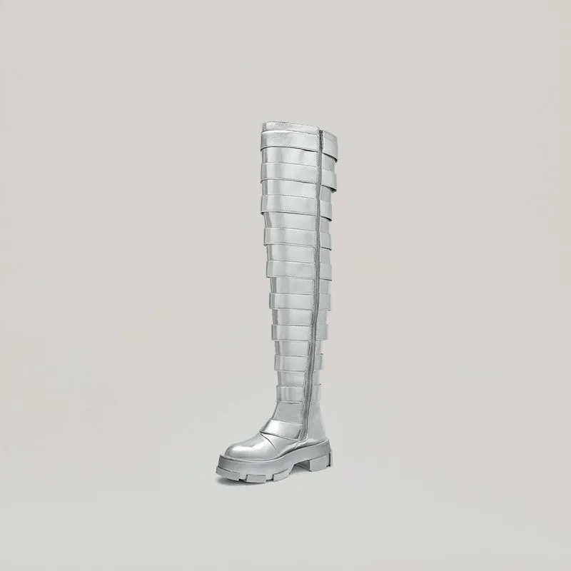 both X Jeanne Friot GAO PLATFORM THIGH HIGH BOOTS-SILVER