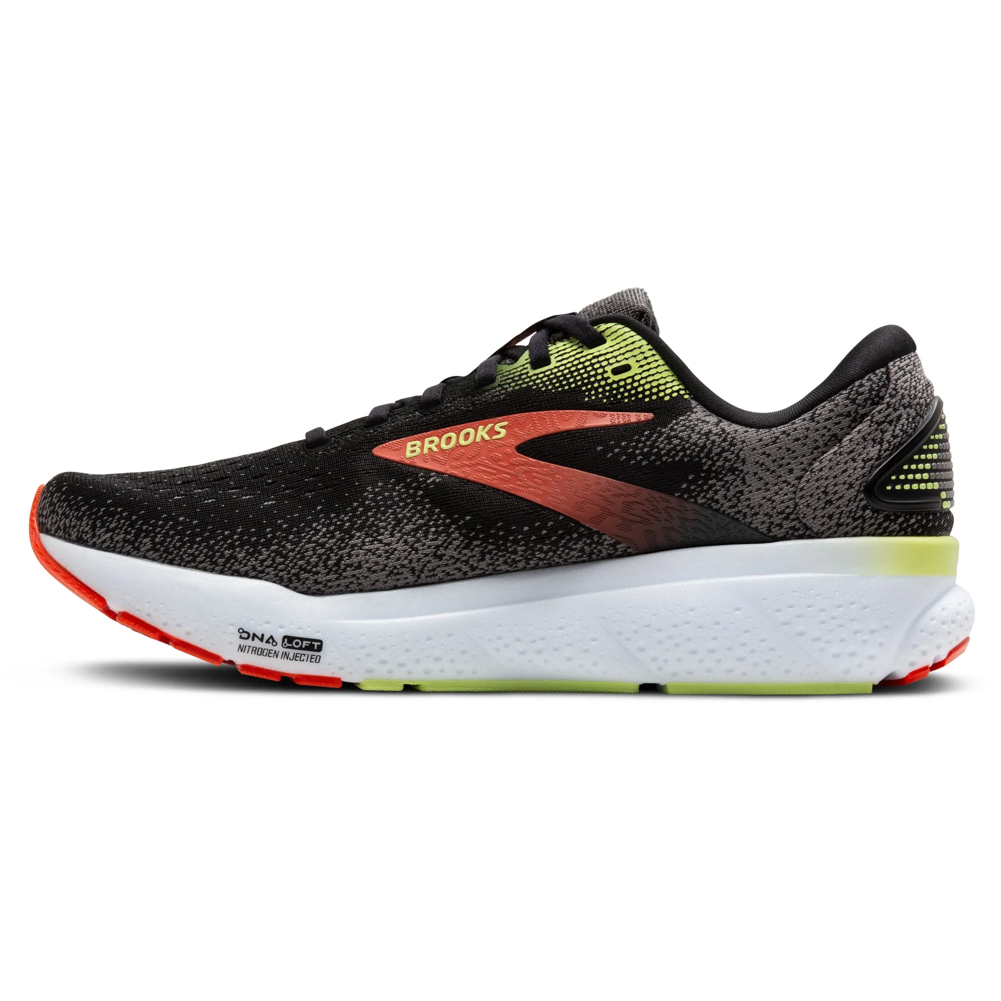 Brooks Ghost 16 Men's Wide Fit 2E Black/Mandarin Red/Green