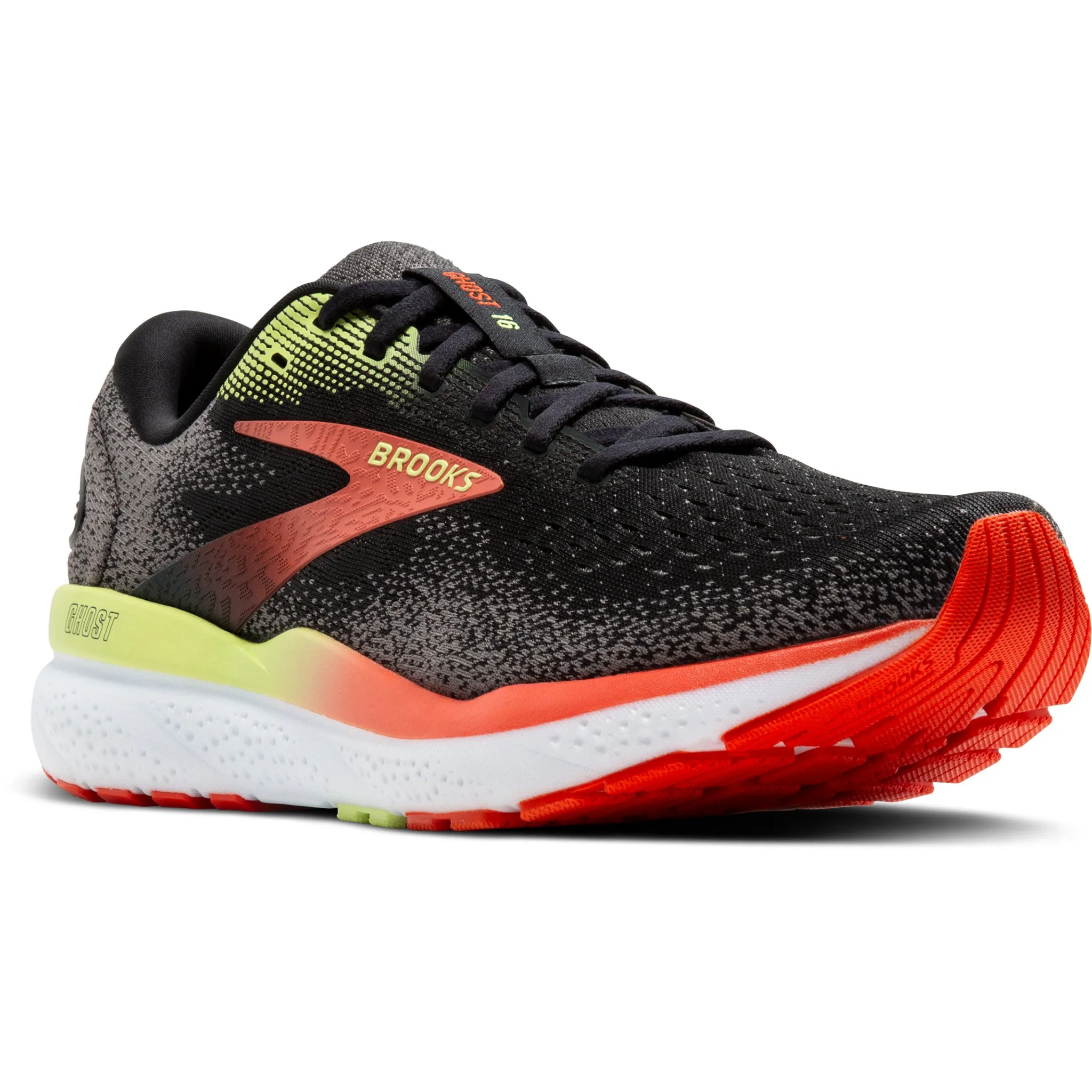 Brooks Ghost 16 Men's Wide Fit 2E Black/Mandarin Red/Green