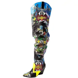Cape Robbin Kelsey-21 Blue Multi Block Heel Over The Knee Western Fashion Boots