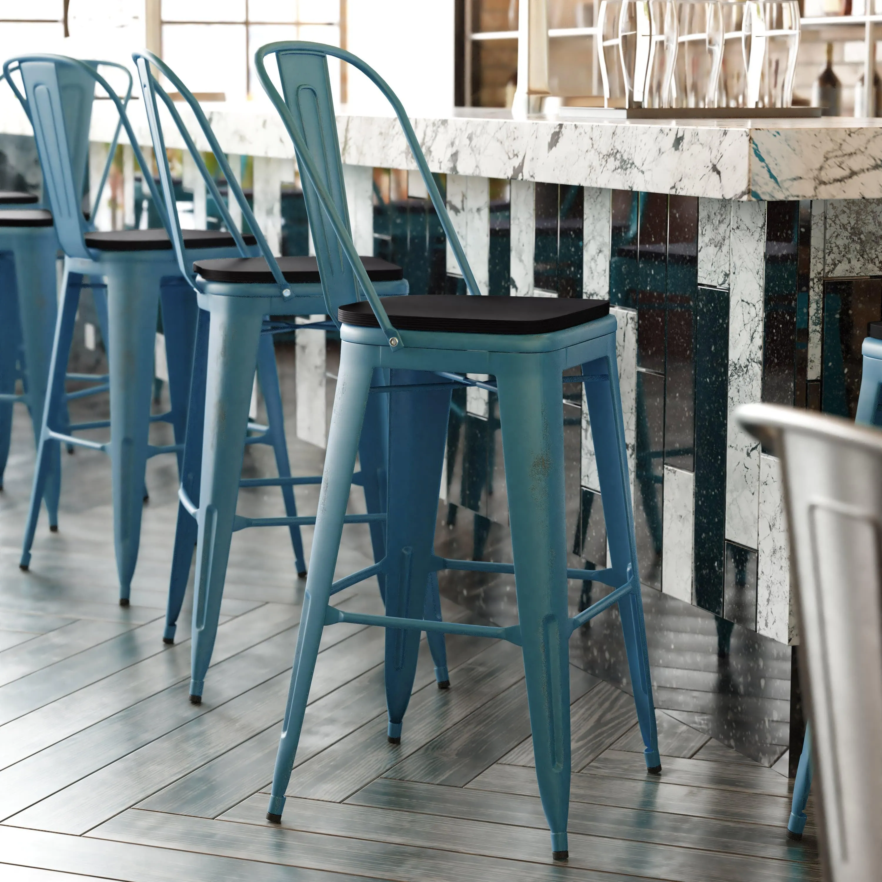 Carly Commercial Grade 30" High Metal Indoor-Outdoor Bar Height Stool with Back and Polystyrene Seat