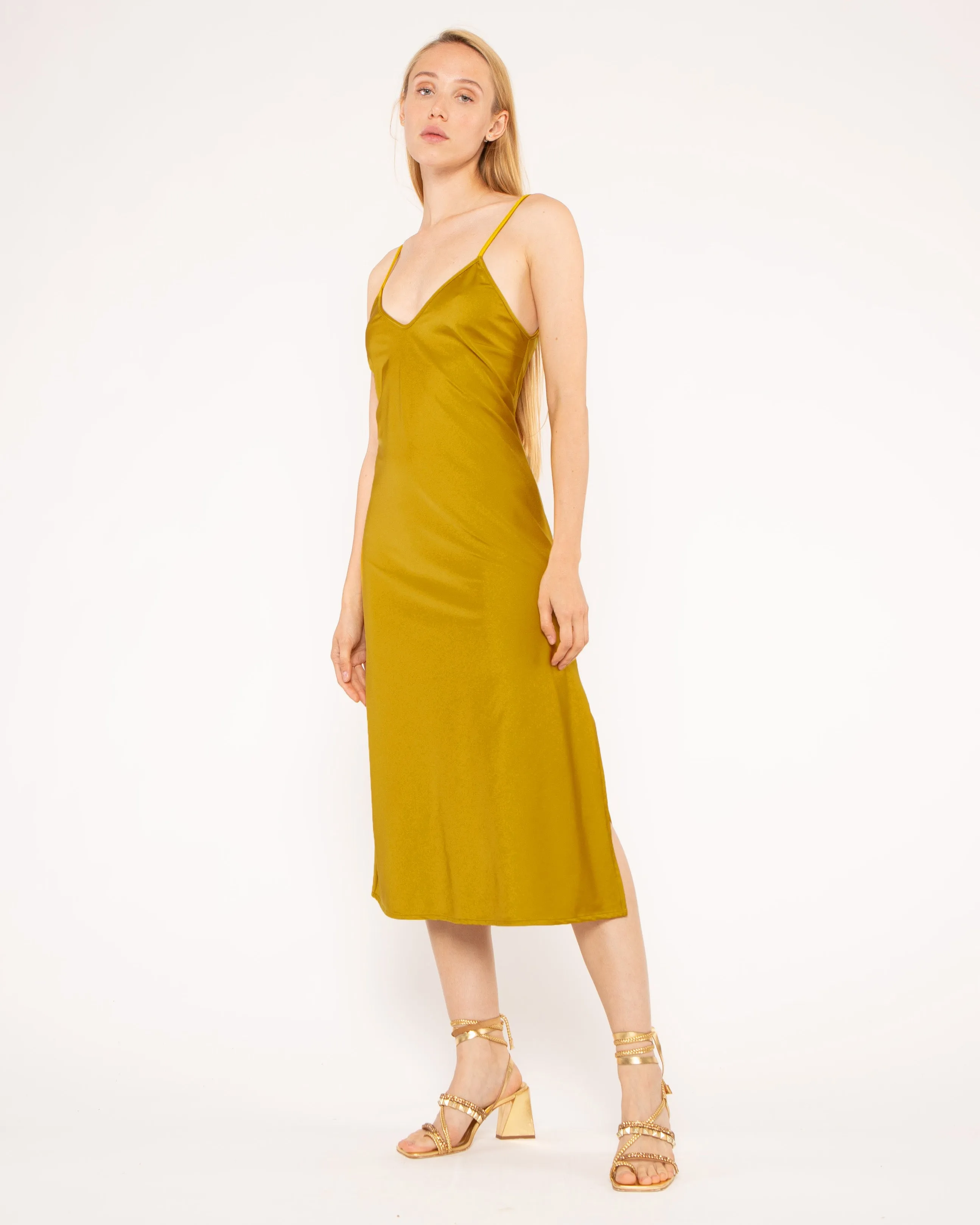Chartreuse Sateen Stretch Slip Dress