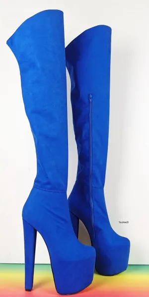 Cobalt Blue Suede Thigh High Boots