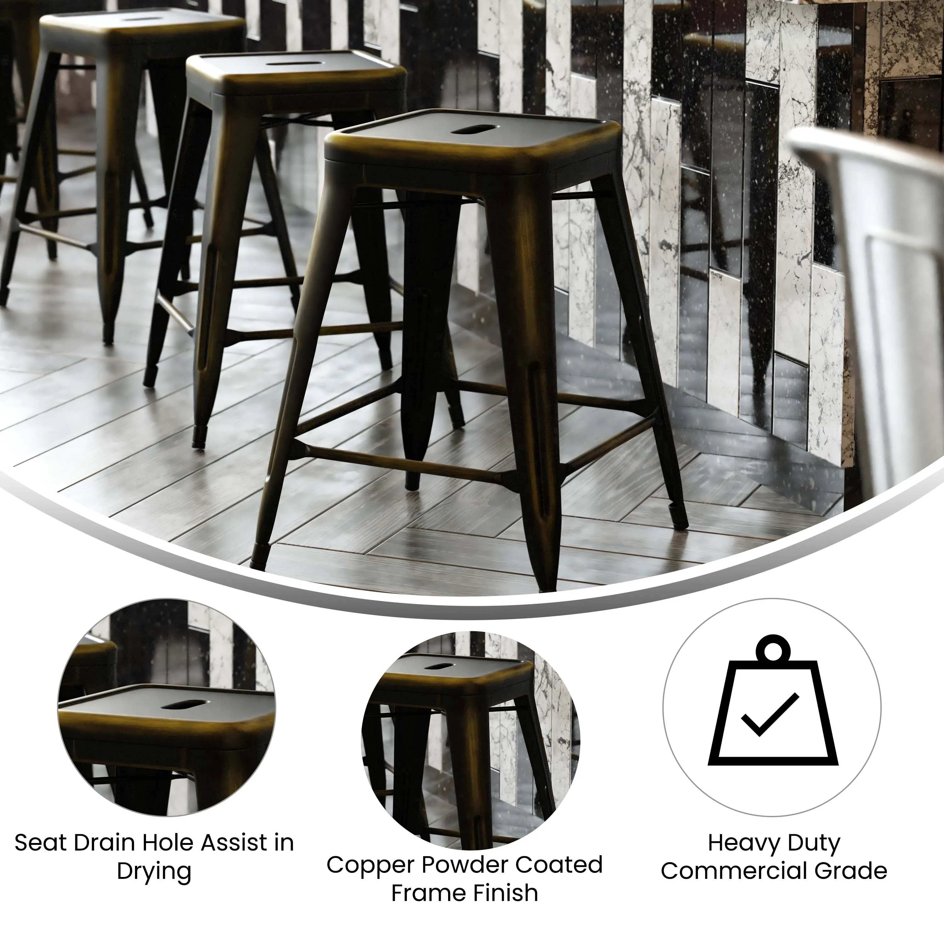 Commercial Grade 24" High Backless Distressed Metal Indoor-Outdoor Counter Height Stool
