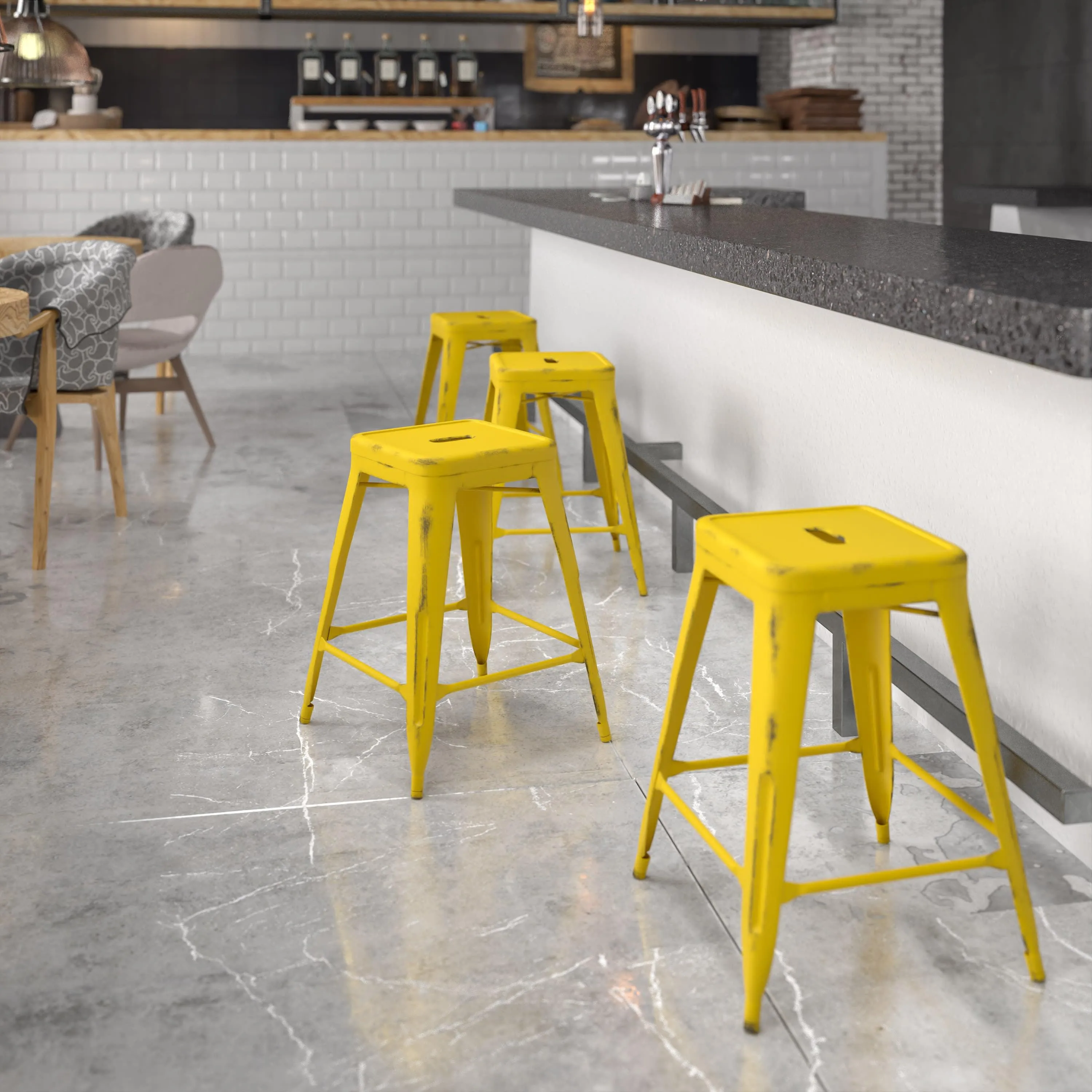 Commercial Grade 24" High Backless Distressed Metal Indoor-Outdoor Counter Height Stool