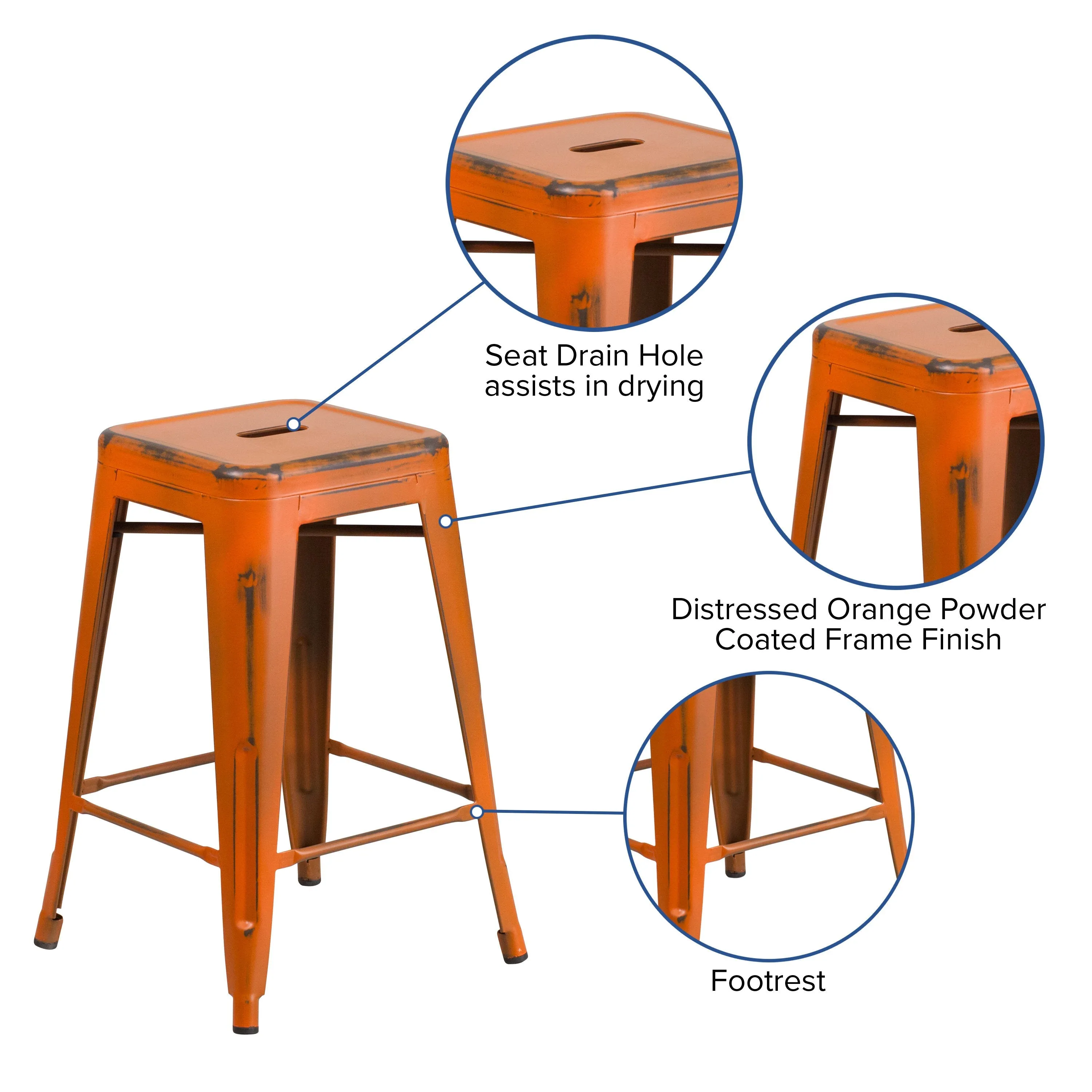 Commercial Grade 24" High Backless Distressed Metal Indoor-Outdoor Counter Height Stool