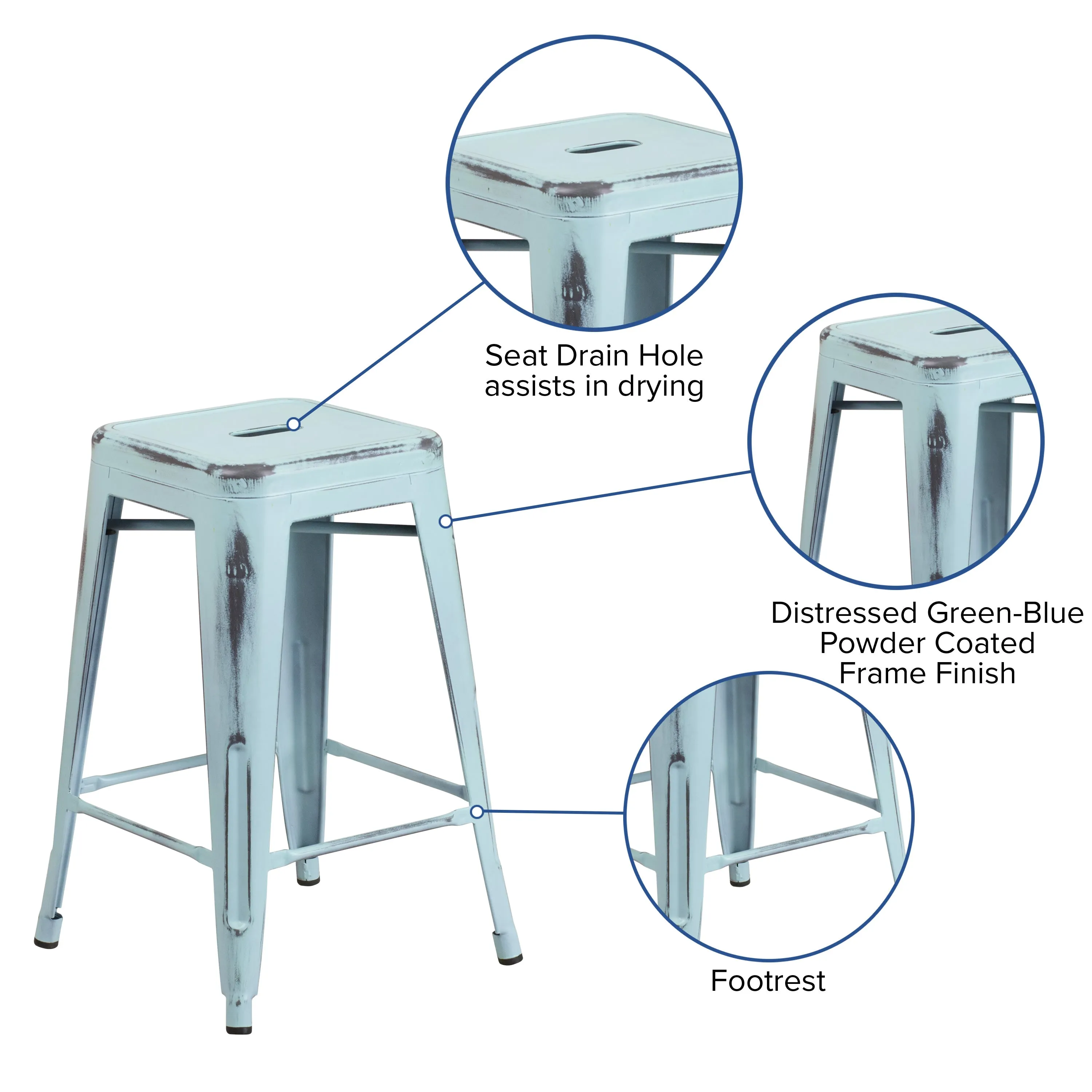 Commercial Grade 24" High Backless Distressed Metal Indoor-Outdoor Counter Height Stool