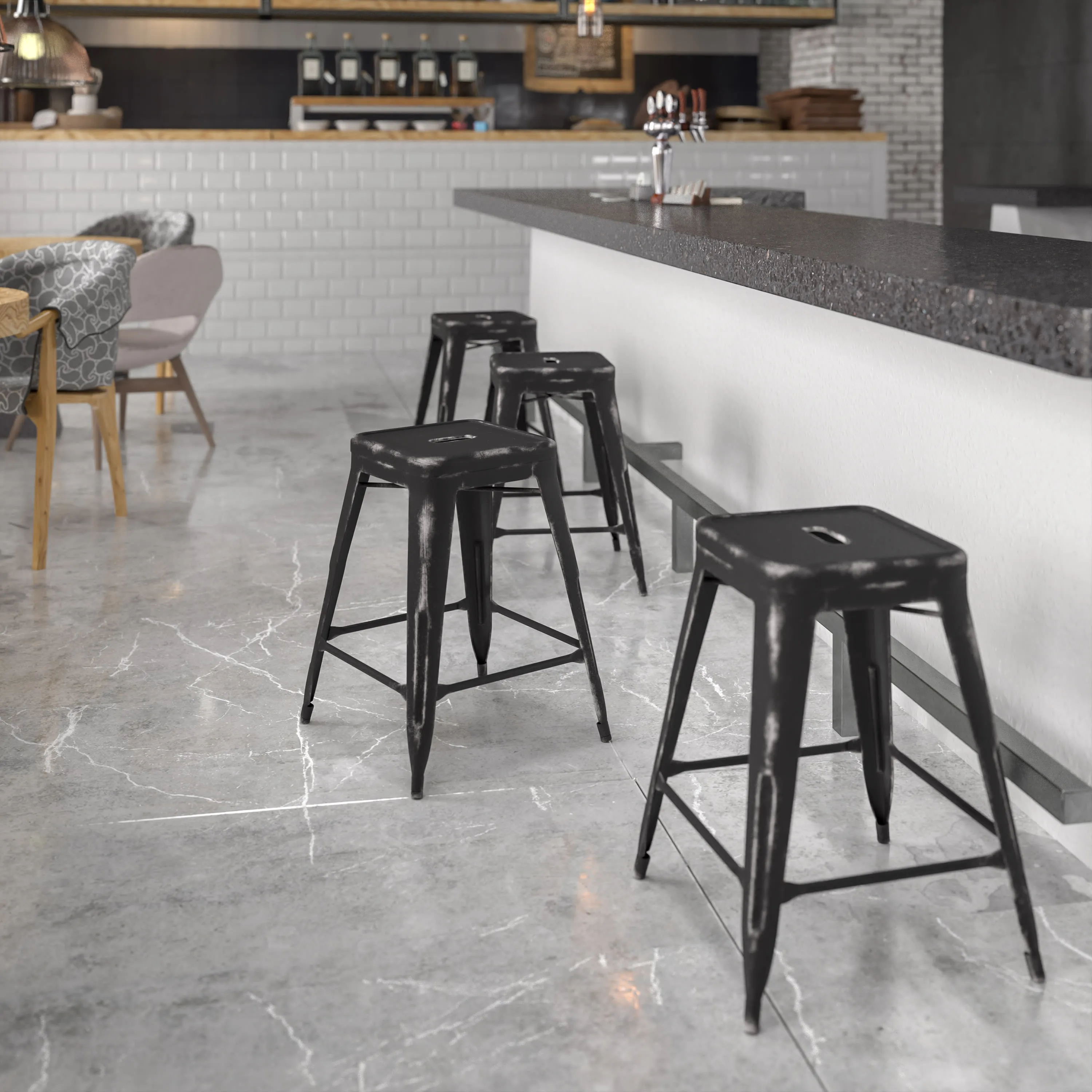 Commercial Grade 24" High Backless Distressed Metal Indoor-Outdoor Counter Height Stool