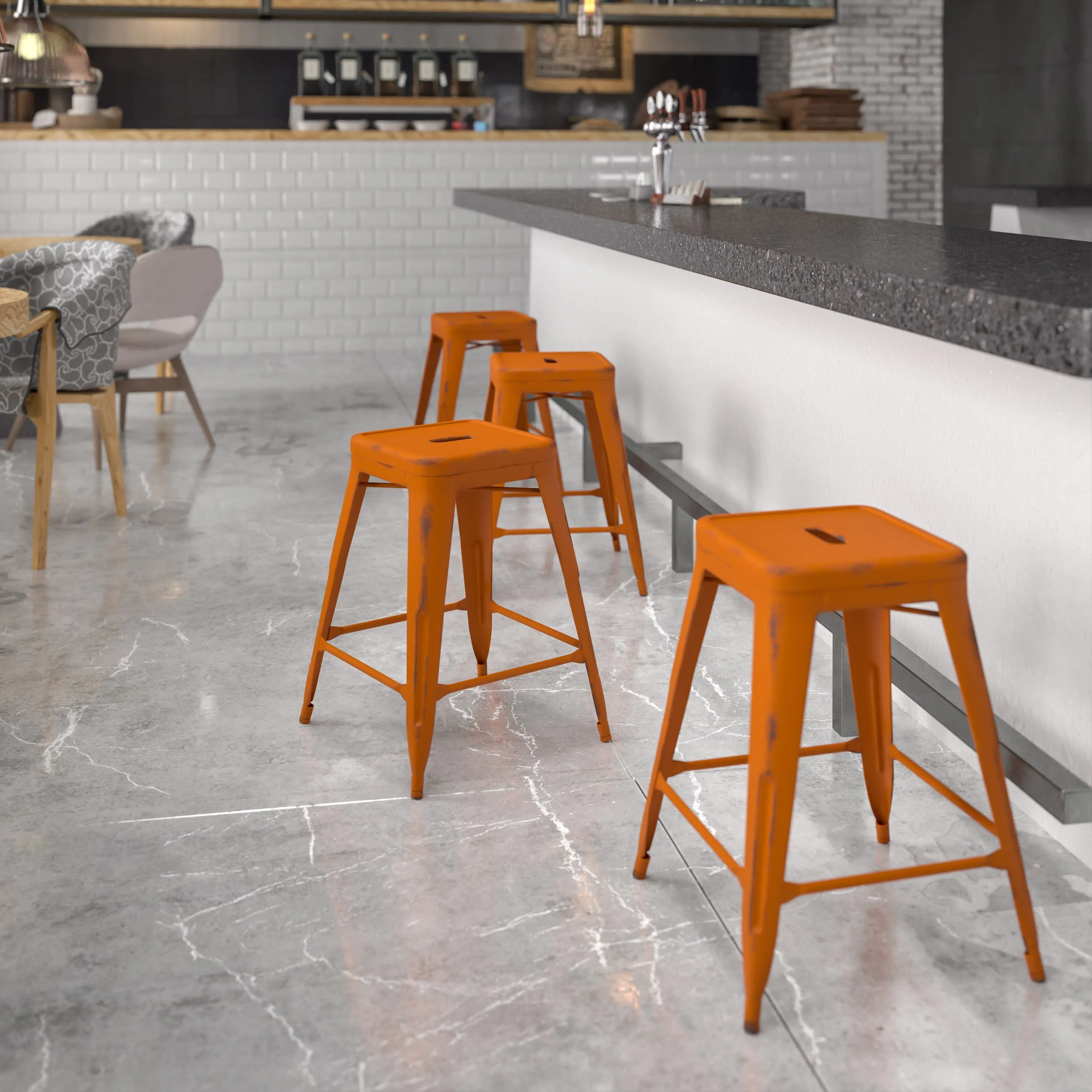 Commercial Grade 24" High Backless Distressed Metal Indoor-Outdoor Counter Height Stool
