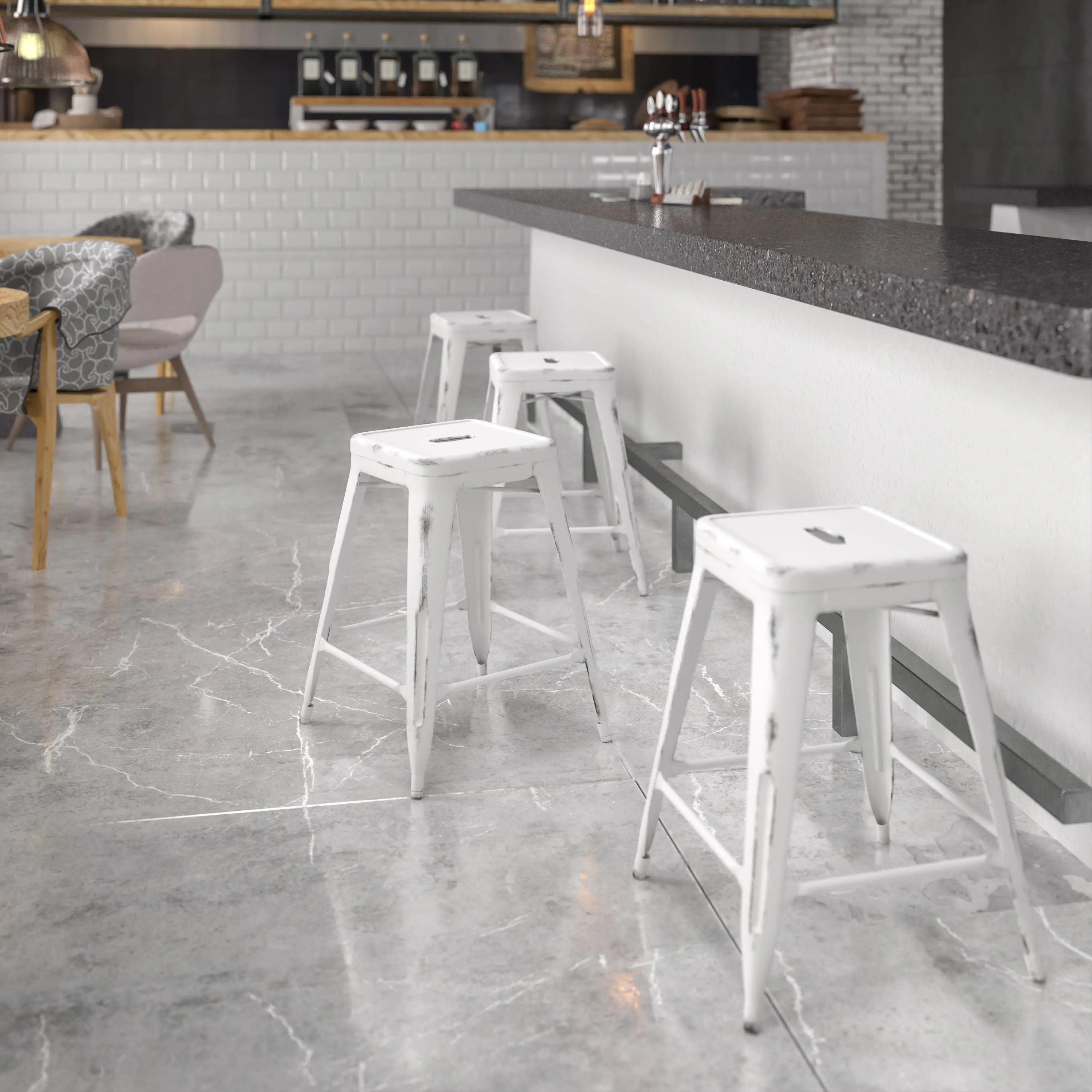 Commercial Grade 24" High Backless Distressed Metal Indoor-Outdoor Counter Height Stool