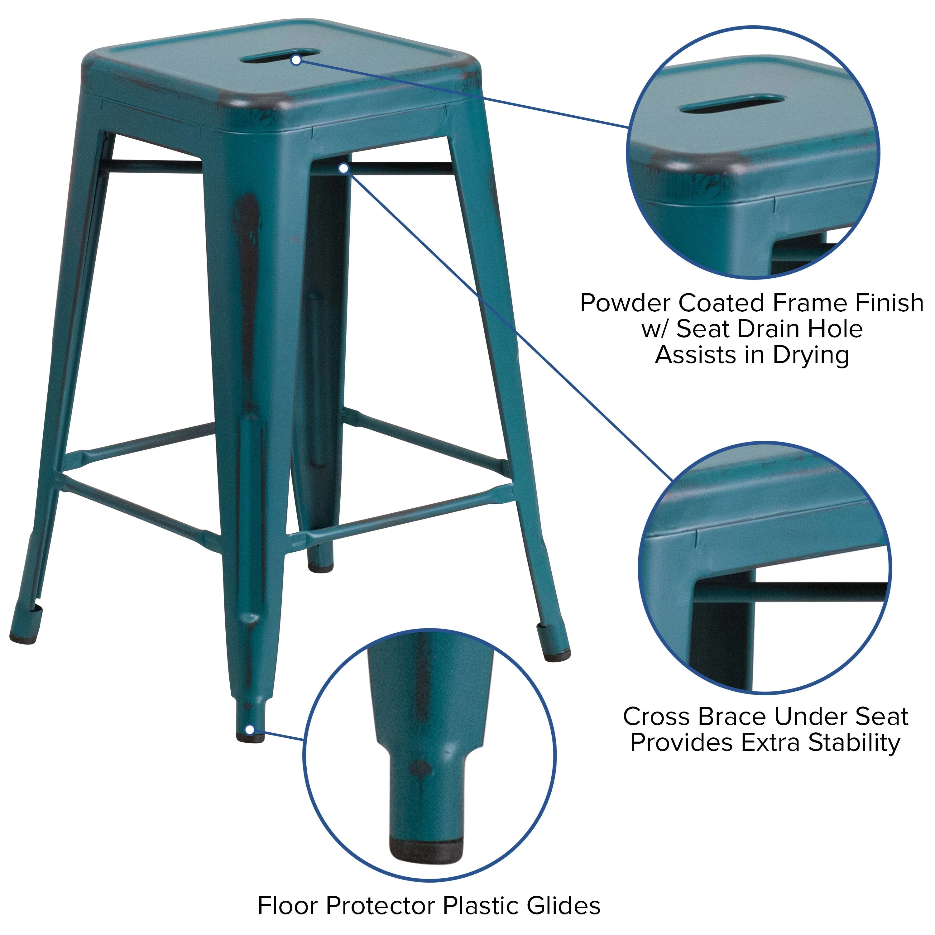 Commercial Grade 24" High Backless Distressed Metal Indoor-Outdoor Counter Height Stool