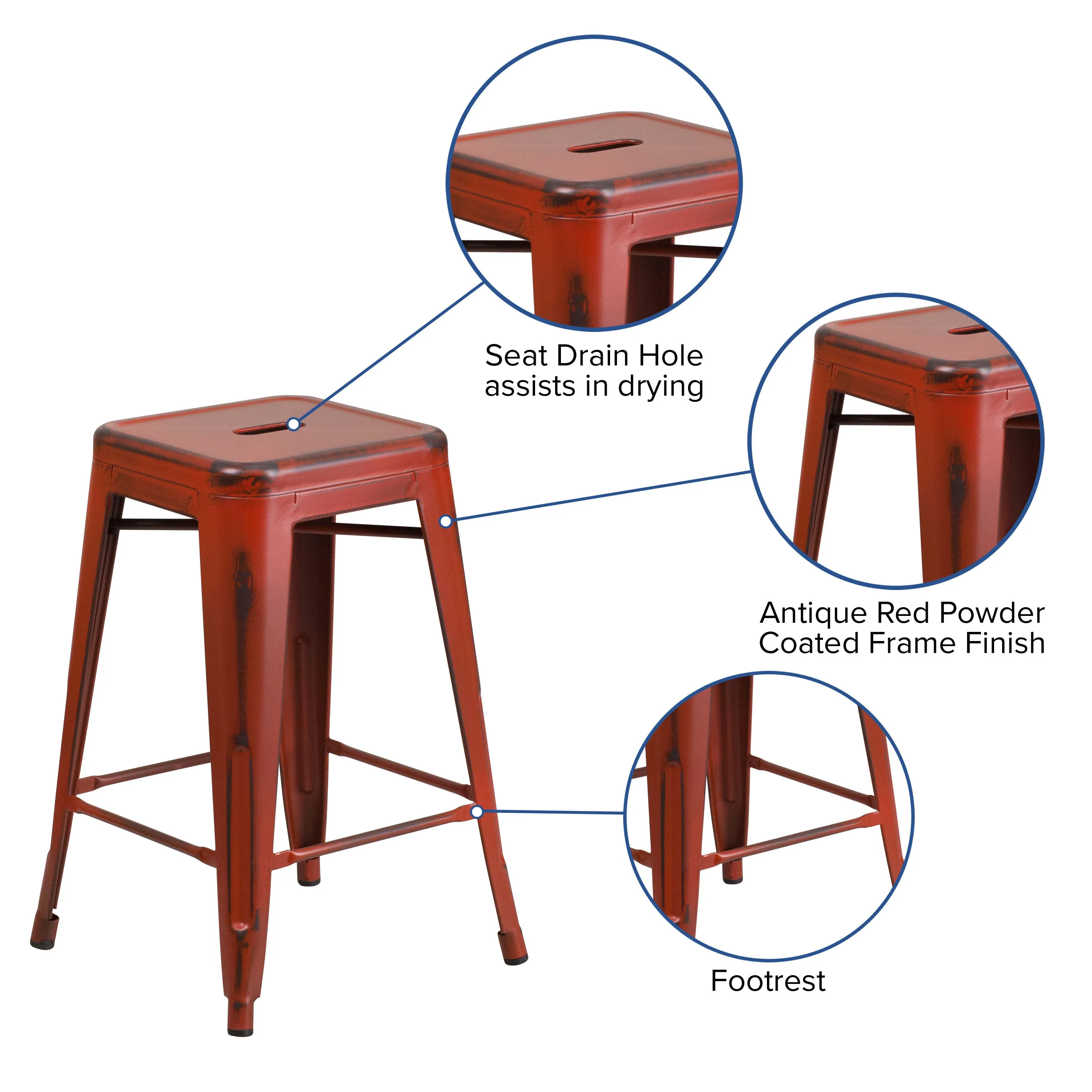 Commercial Grade 24" High Backless Distressed Metal Indoor-Outdoor Counter Height Stool