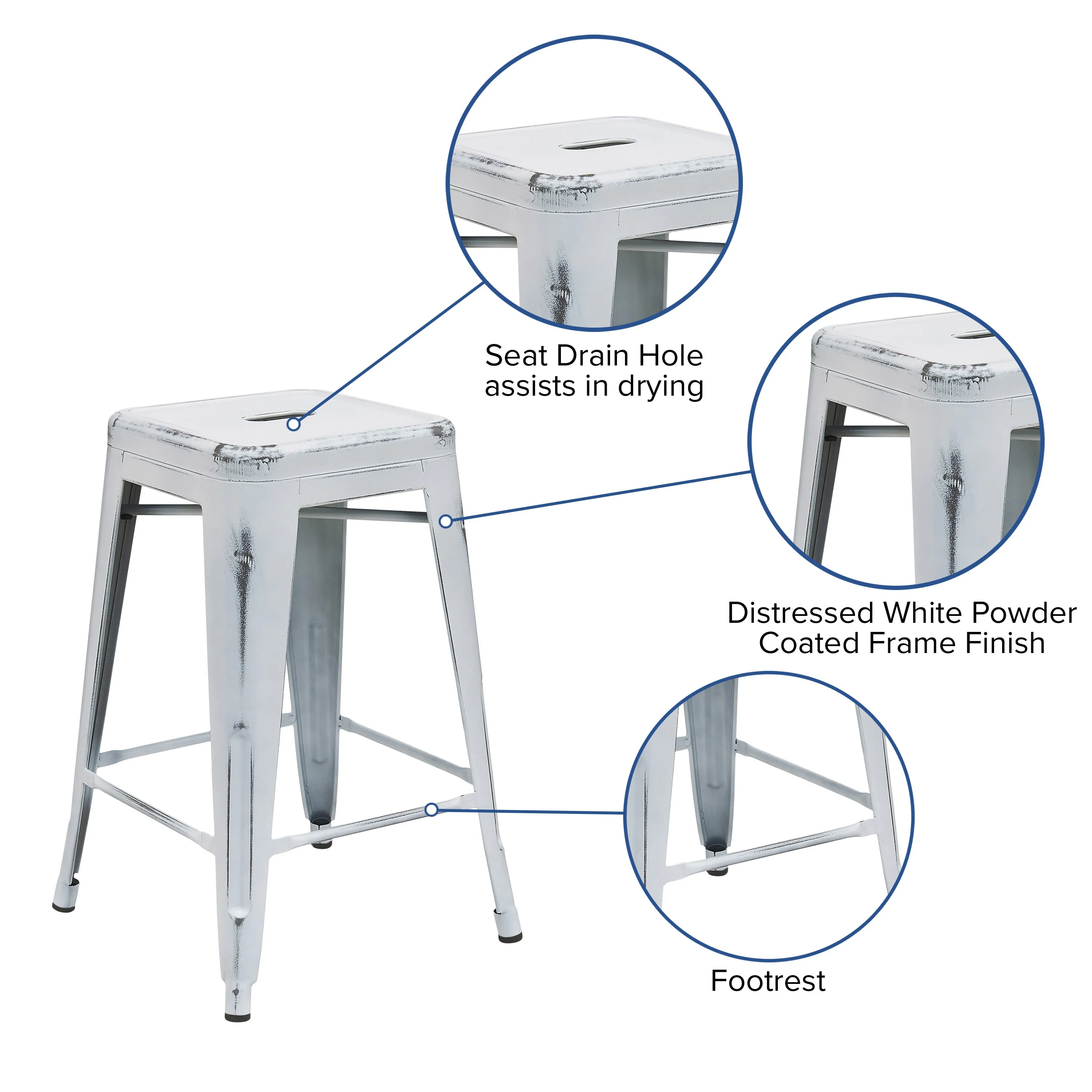 Commercial Grade 24" High Backless Distressed Metal Indoor-Outdoor Counter Height Stool