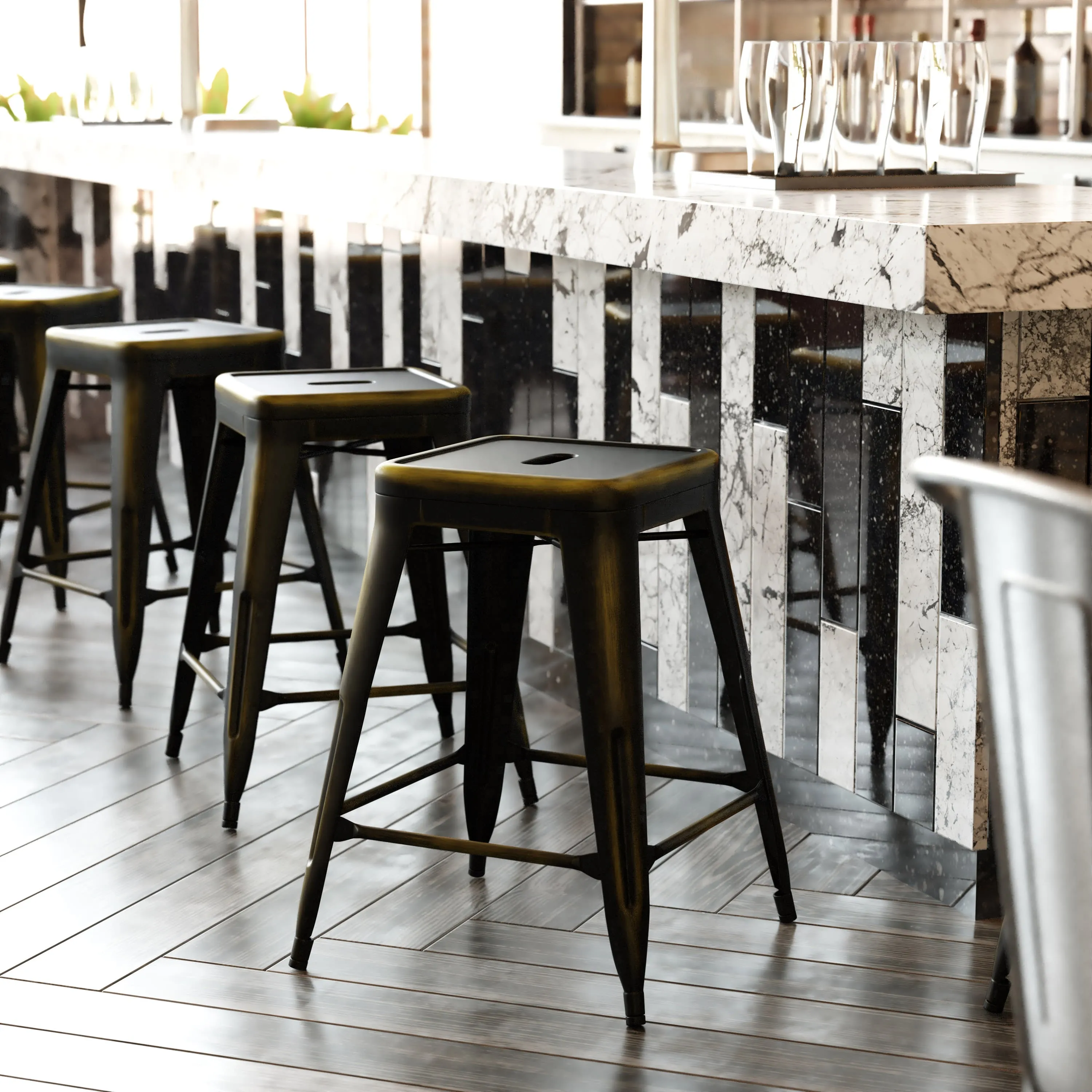 Commercial Grade 24" High Backless Distressed Metal Indoor-Outdoor Counter Height Stool