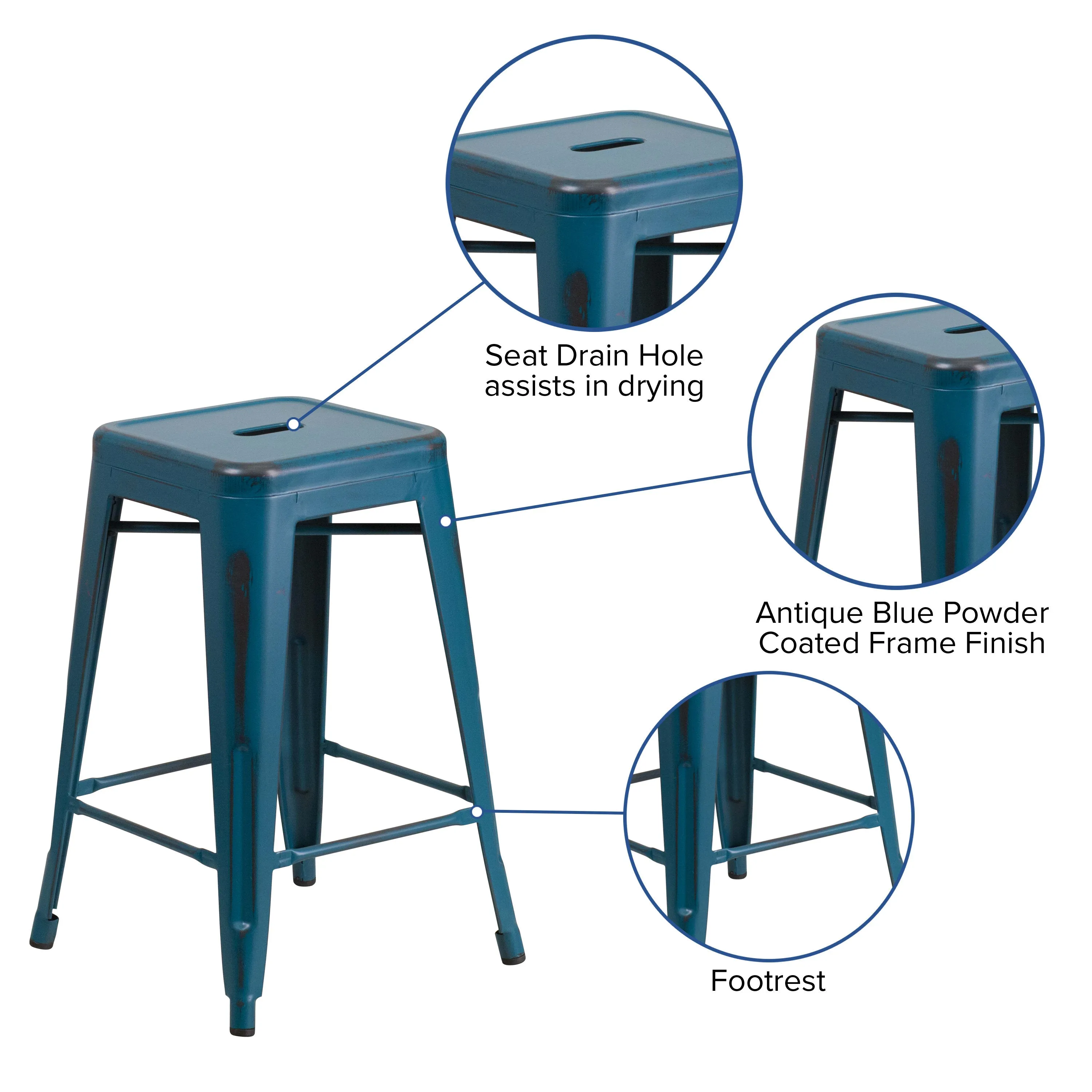 Commercial Grade 24" High Backless Distressed Metal Indoor-Outdoor Counter Height Stool