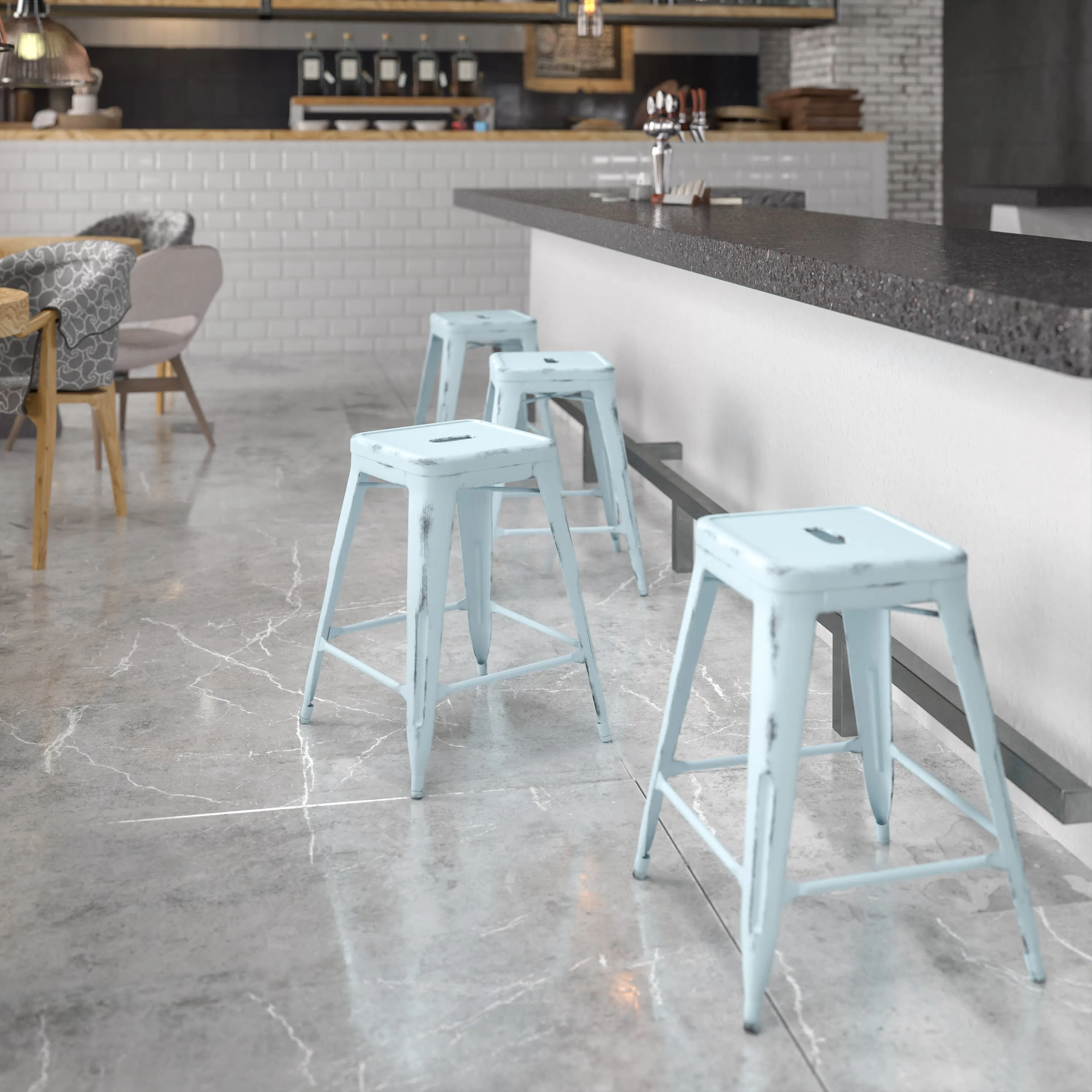 Commercial Grade 24" High Backless Distressed Metal Indoor-Outdoor Counter Height Stool