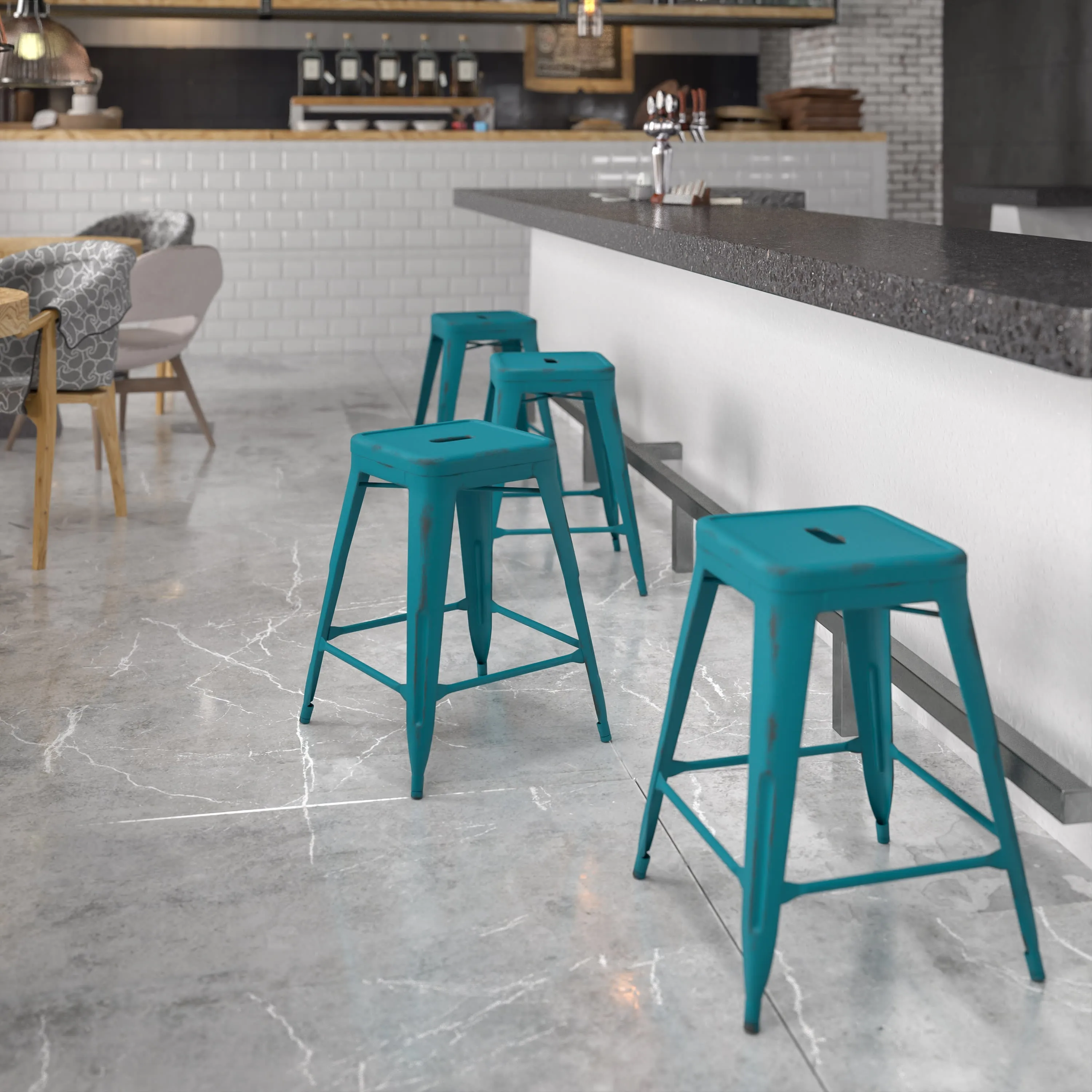 Commercial Grade 24" High Backless Distressed Metal Indoor-Outdoor Counter Height Stool