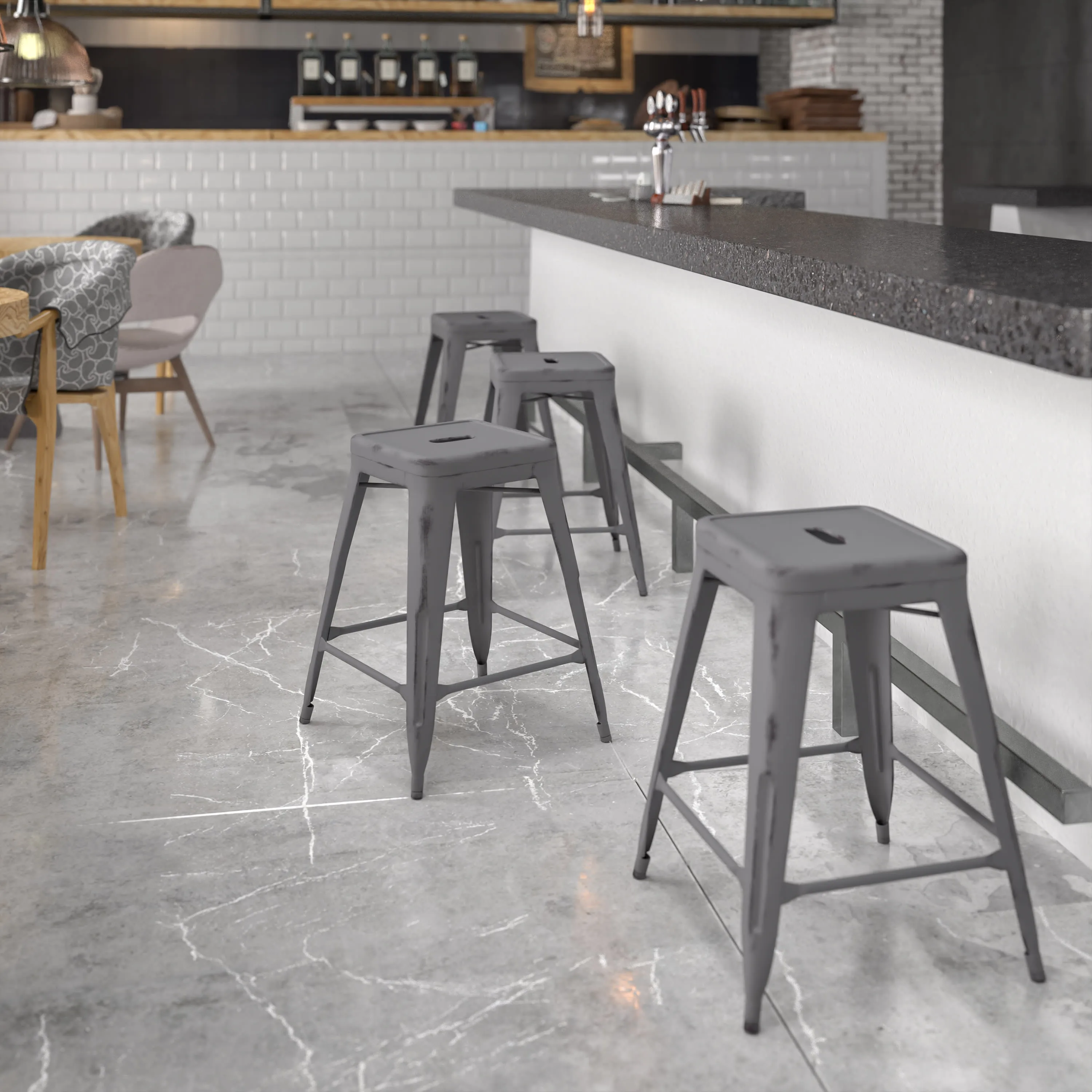 Commercial Grade 24" High Backless Distressed Metal Indoor-Outdoor Counter Height Stool