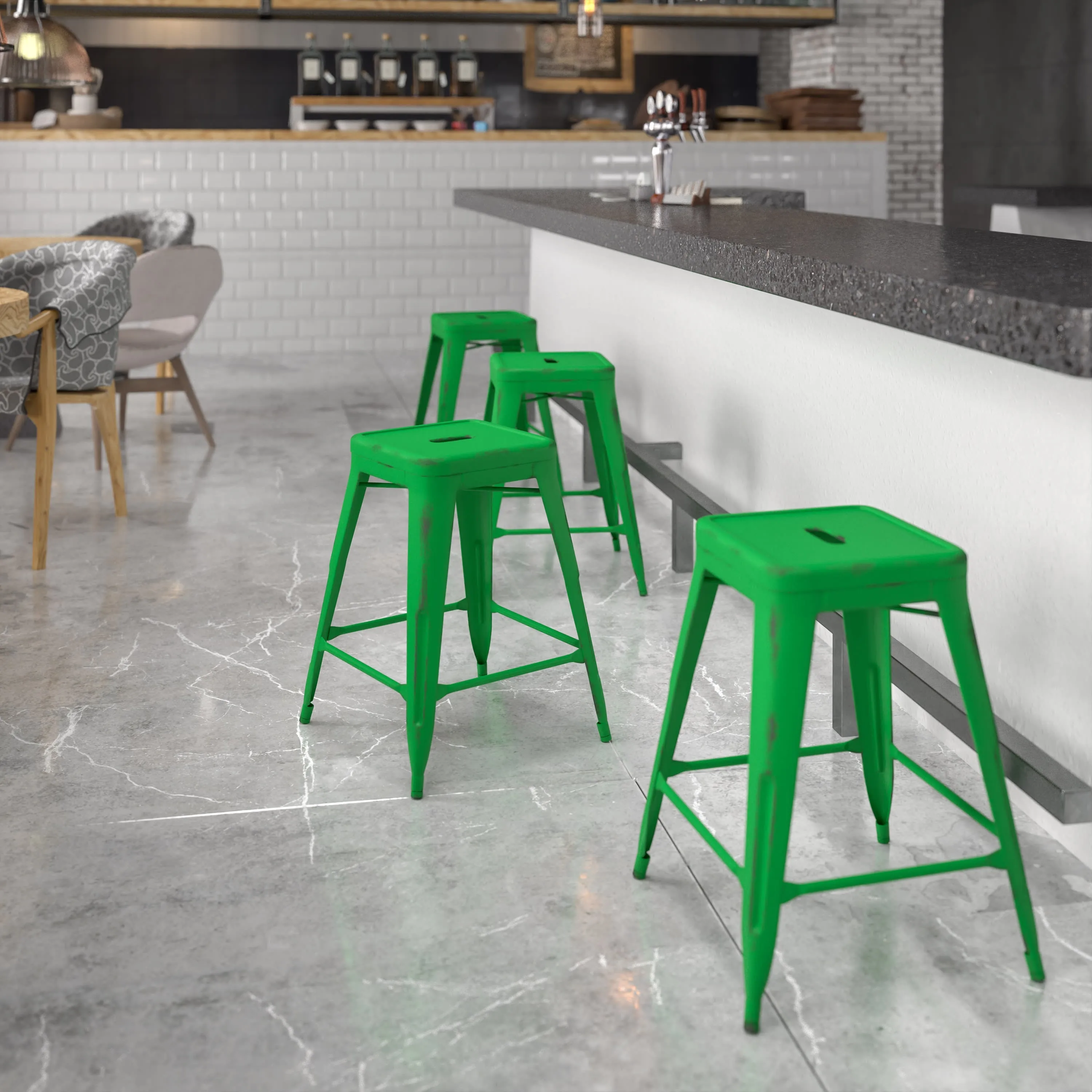 Commercial Grade 24" High Backless Distressed Metal Indoor-Outdoor Counter Height Stool