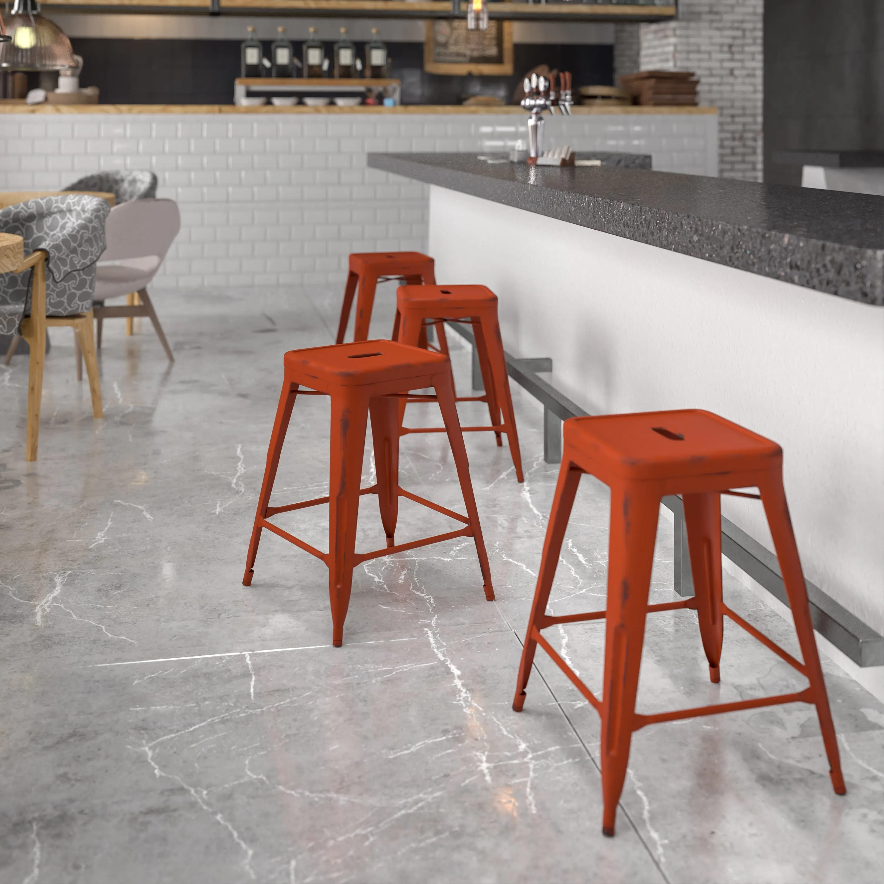 Commercial Grade 24" High Backless Distressed Metal Indoor-Outdoor Counter Height Stool