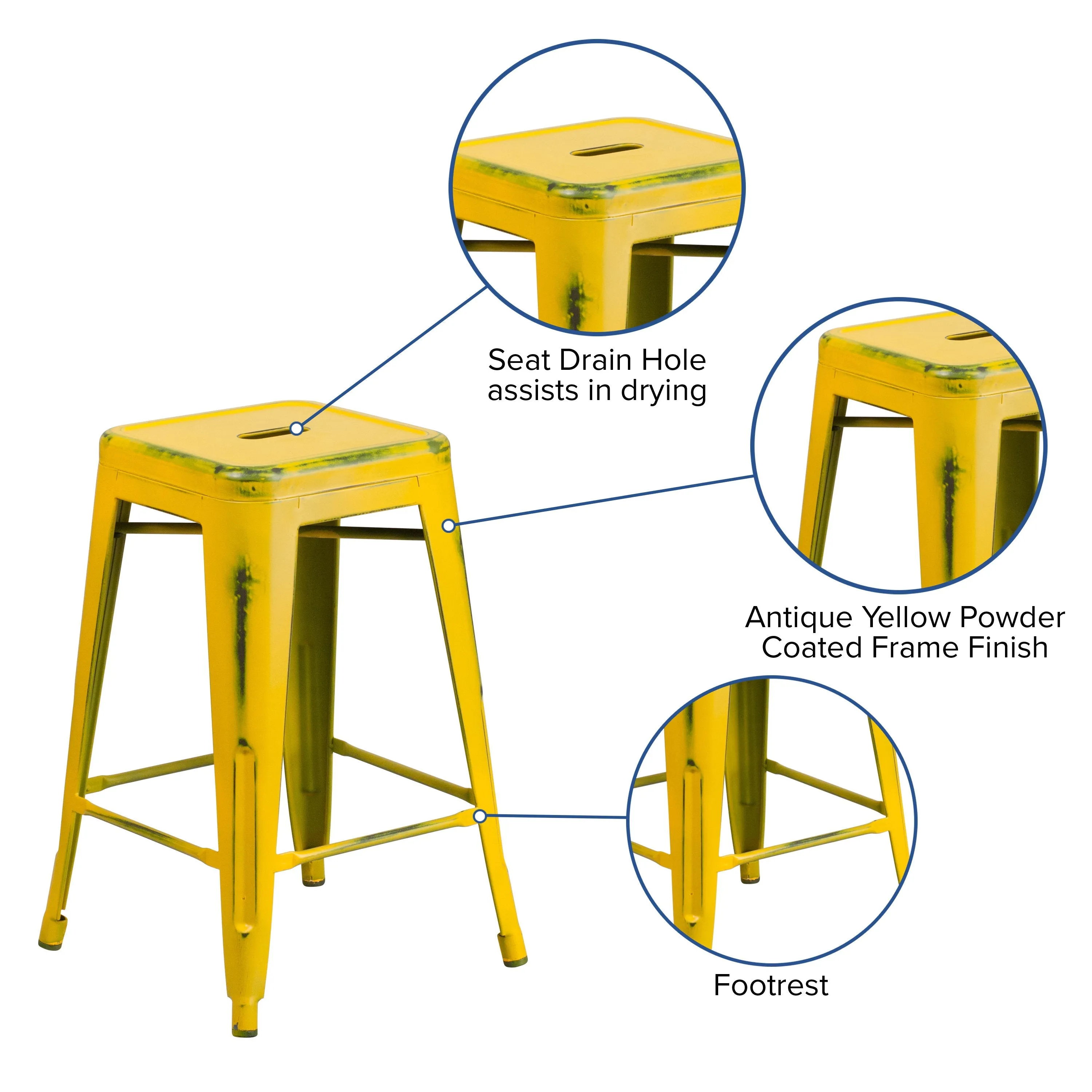 Commercial Grade 24" High Backless Distressed Metal Indoor-Outdoor Counter Height Stool