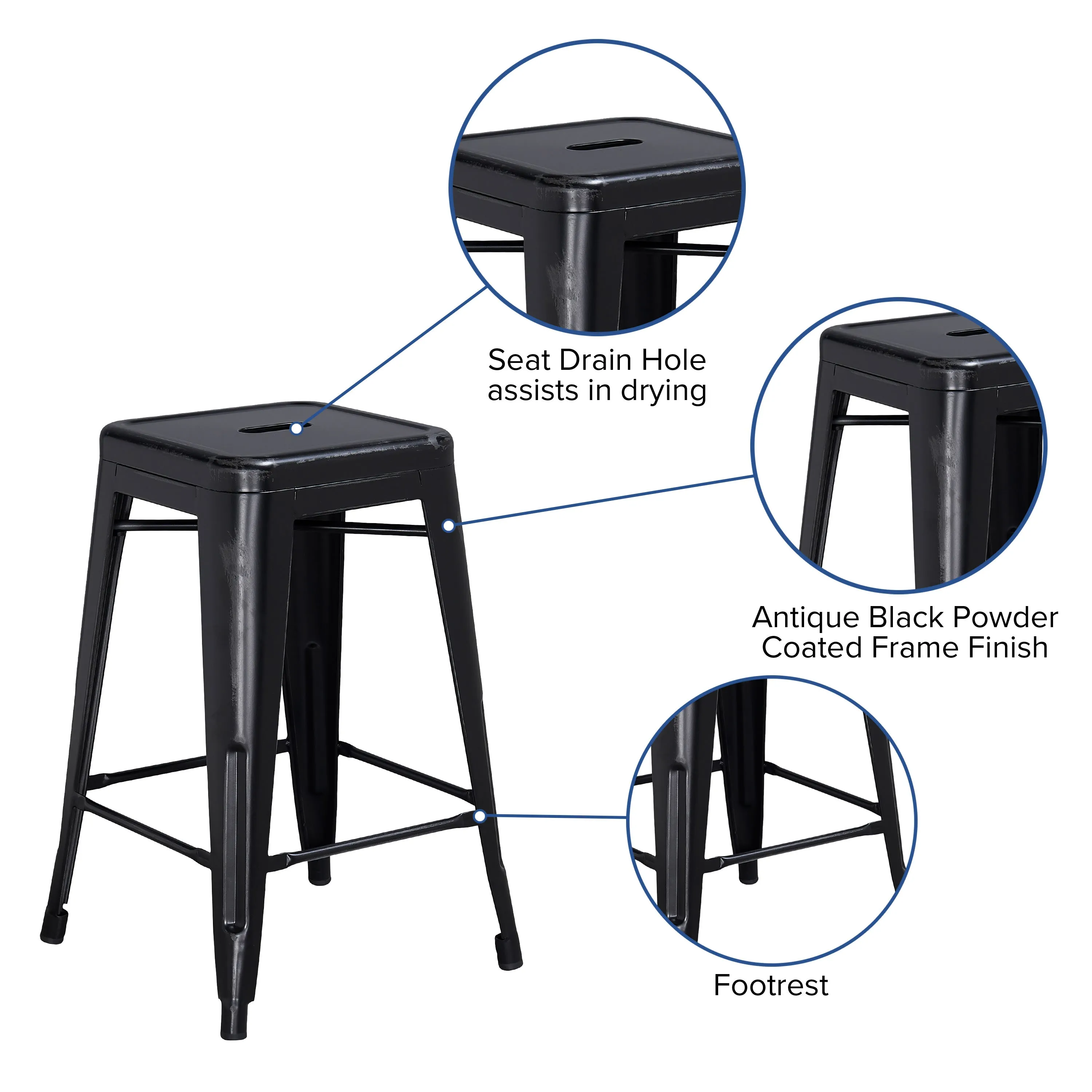 Commercial Grade 24" High Backless Distressed Metal Indoor-Outdoor Counter Height Stool