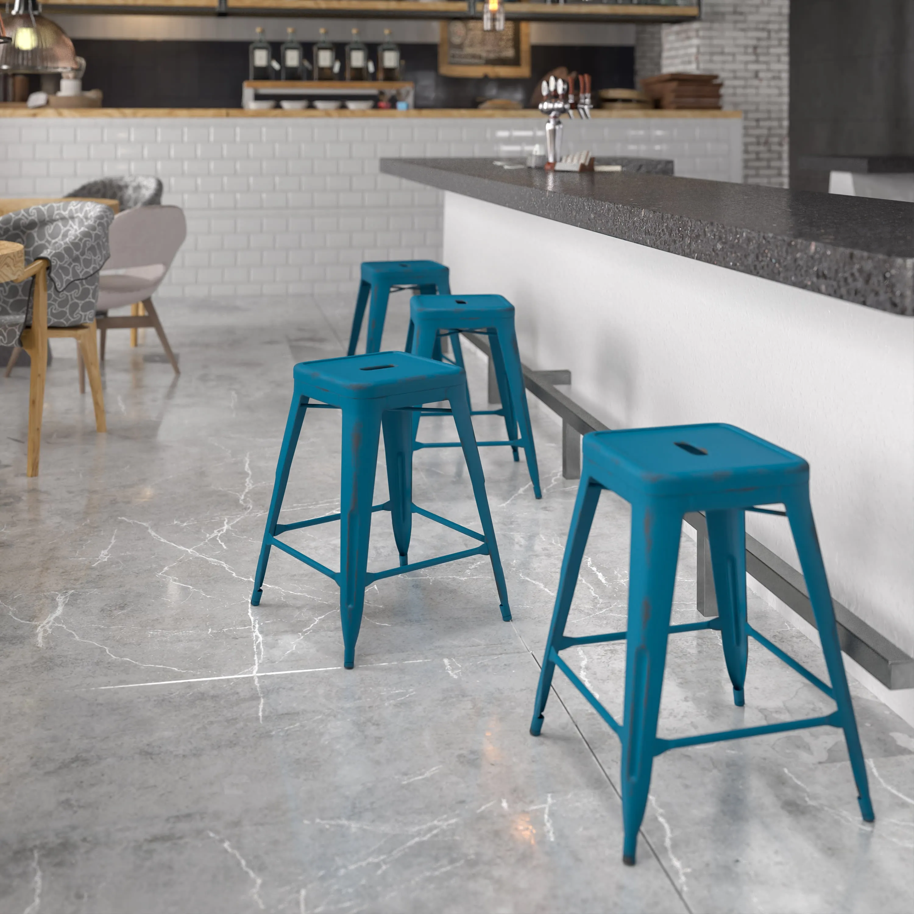 Commercial Grade 24" High Backless Distressed Metal Indoor-Outdoor Counter Height Stool